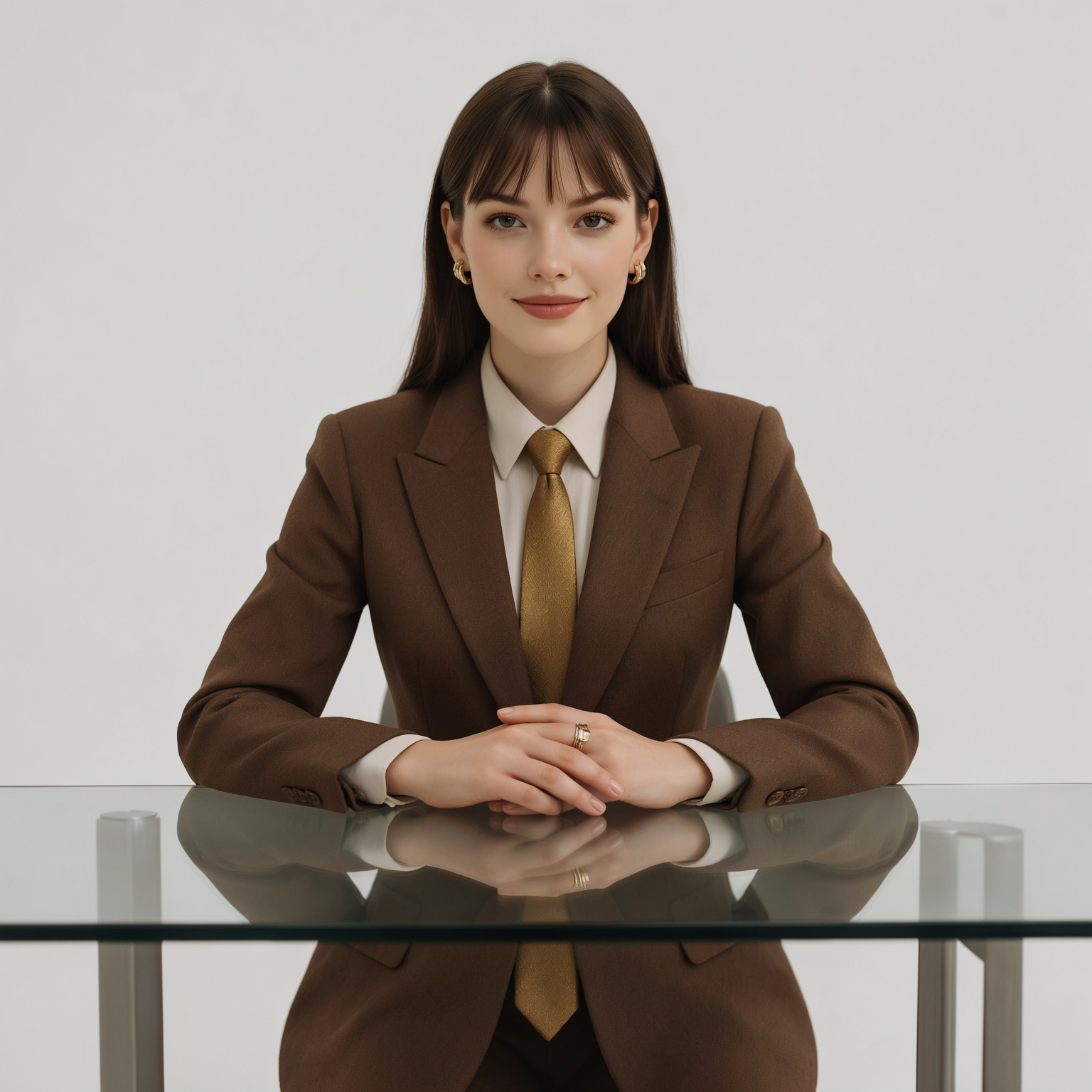 一位身着棕色西装、系着金色领带的女士,  风格现代而又不失个性,  双手交叠放在一张玻璃办公桌上。她佩戴着金色耳环和戒指。背景一片纯白 on Tensor.Art