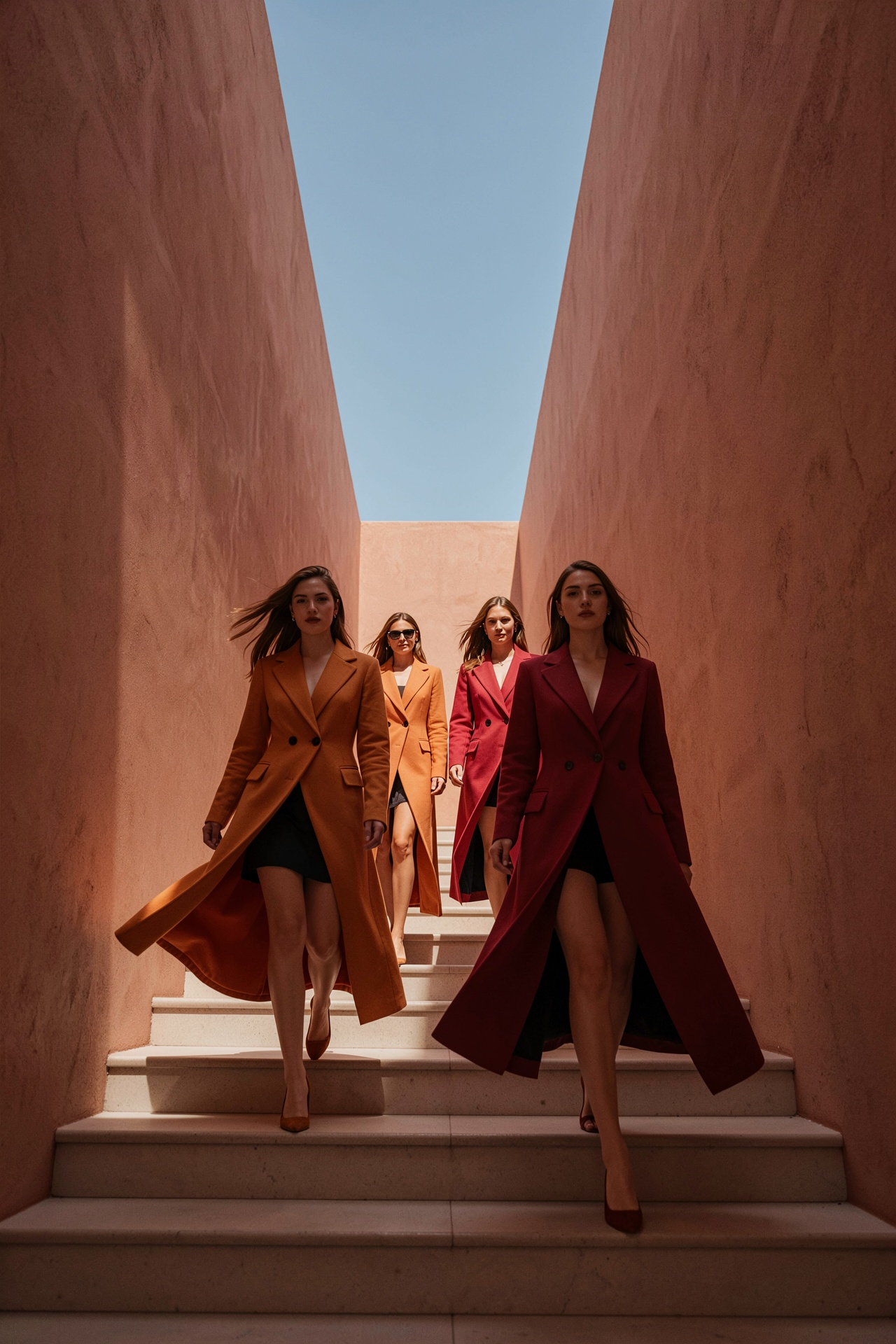 Low-angle fashion editorial of four women descending a sunlit architectural stairway between tall textured walls in warm t...