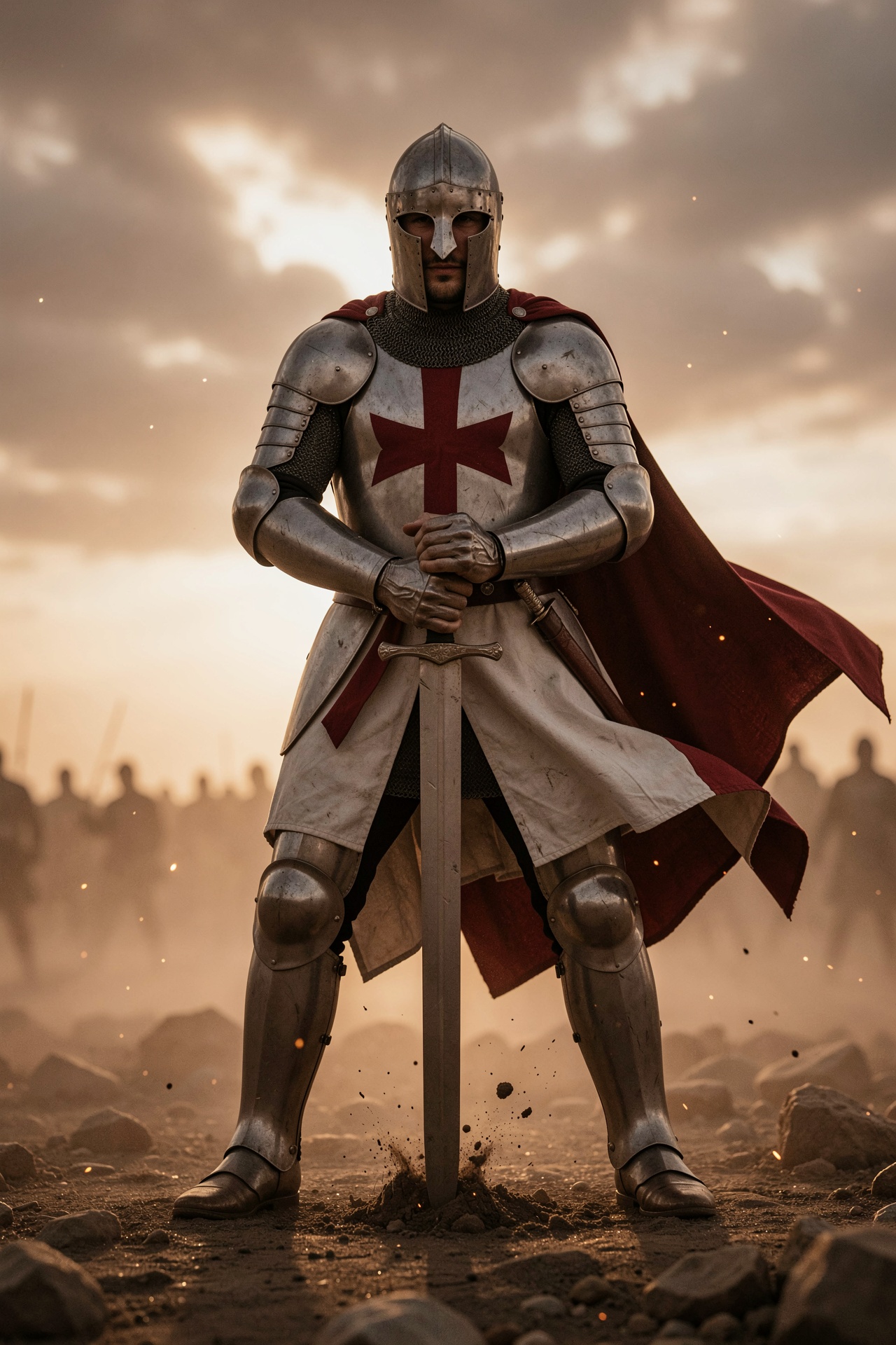 A battle-ready medieval Knight Templar standing on a rocky battlefield at dawn,  full plate armor with subtle wear and bat...