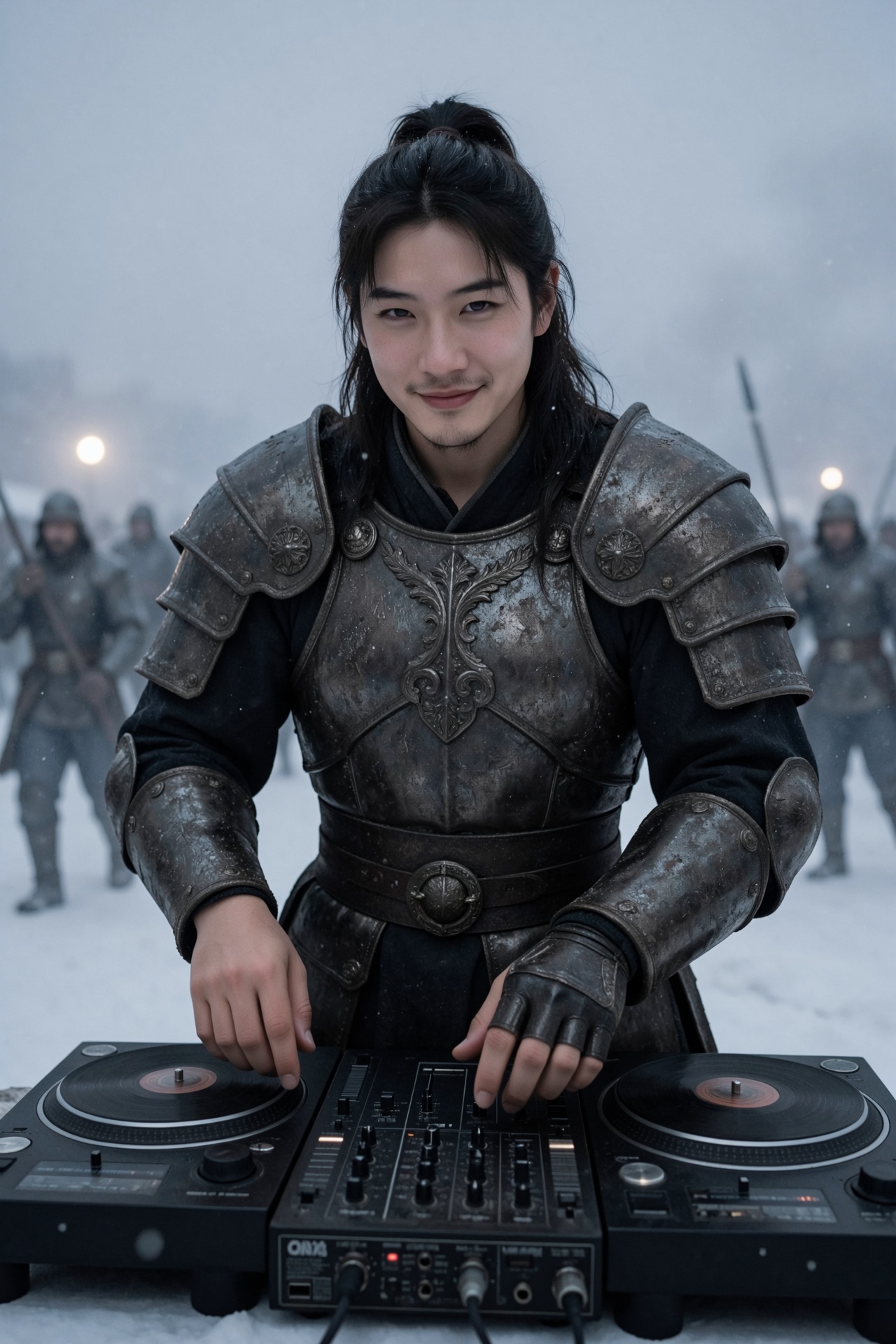 A Three Kingdoms general in heavy,  mud-stained armor with a relaxed,  cool expression and a slight smirk on Tensor.Art
