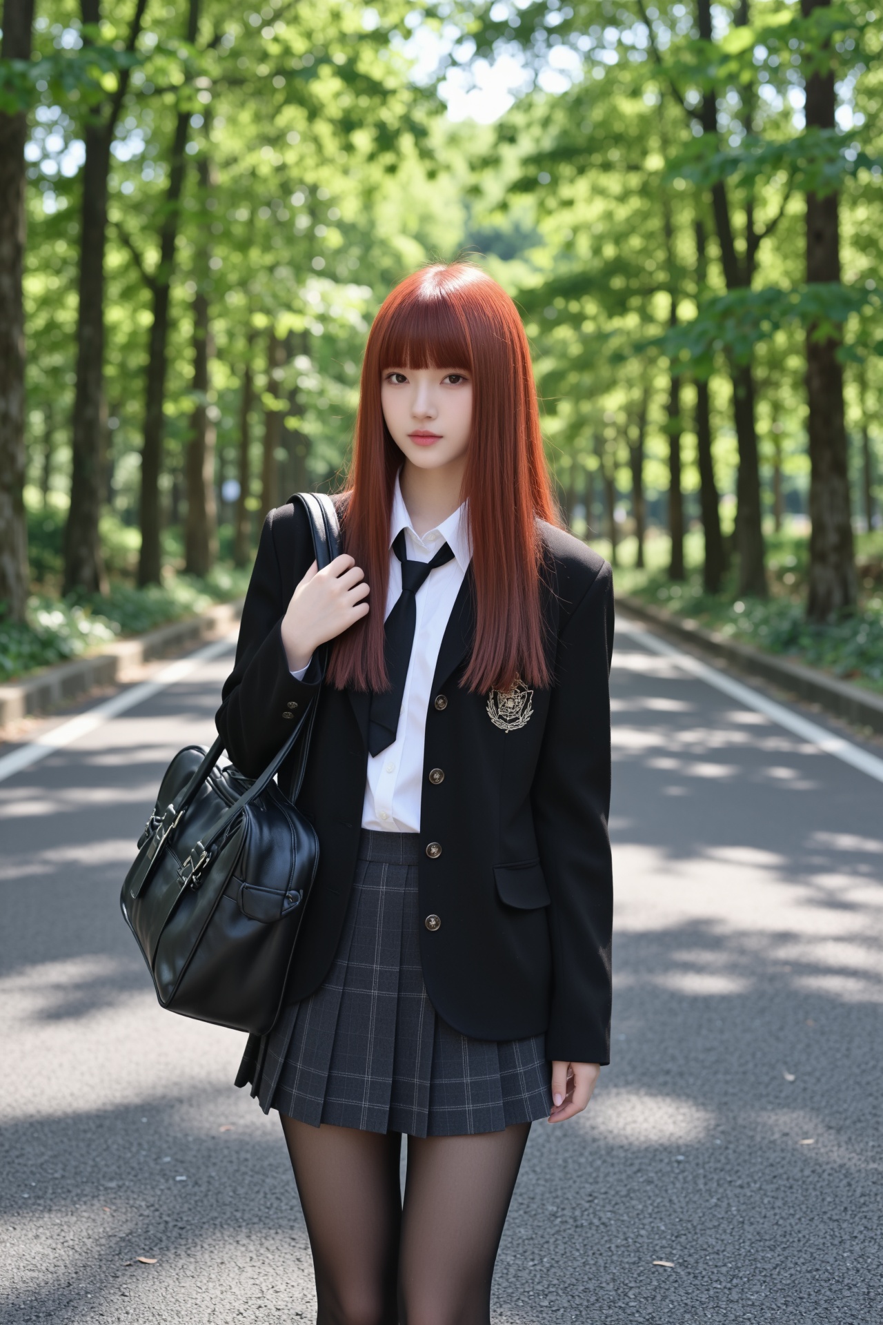 画幅比例2:3,  主体为一位气质清冷甜美的年轻东亚女高中生,  造型是一头顺滑的红棕色(#CD5C5C) 齐刘海长直发 on Tensor.Art