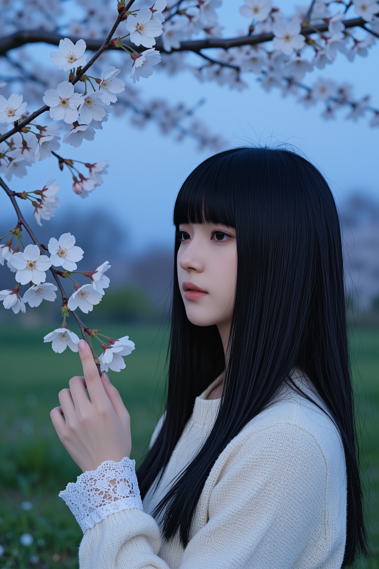 画幅比例2:3,  主体为一位气质清冷温柔的年轻东亚女性,  造型是乌黑顺滑的齐刘海黑长直 on Tensor.Art