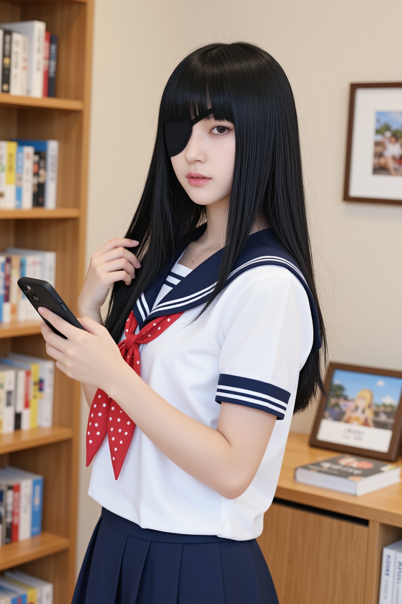 画幅比例2:3,  主体为一位气质清冷的年轻东亚女高中生,  造型是乌黑顺滑的齐刘海黑长直 on Tensor.Art