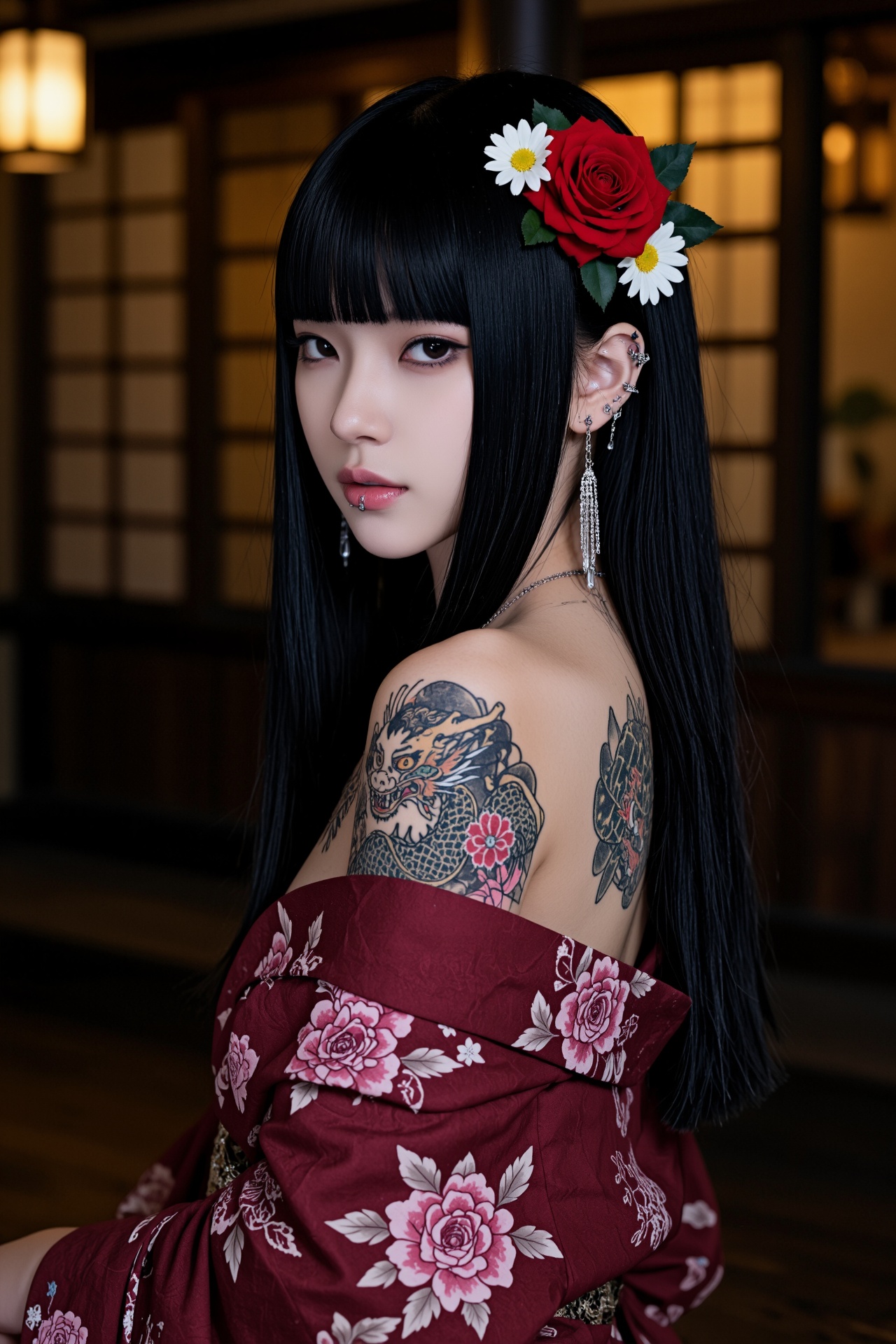 画幅比例2:3,  主体为一位气质冷艳的年轻东亚女性,  造型是乌黑顺滑的齐刘海黑长直 on Tensor.Art