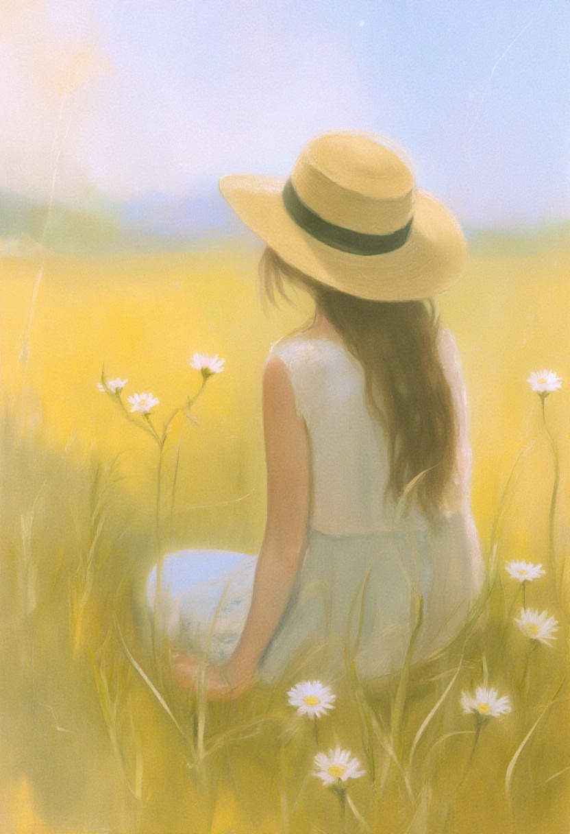 softwatercolor depiction of a woman sitting in a field of tall grass and daisies,  viewed from behind. She wears a wide-br...