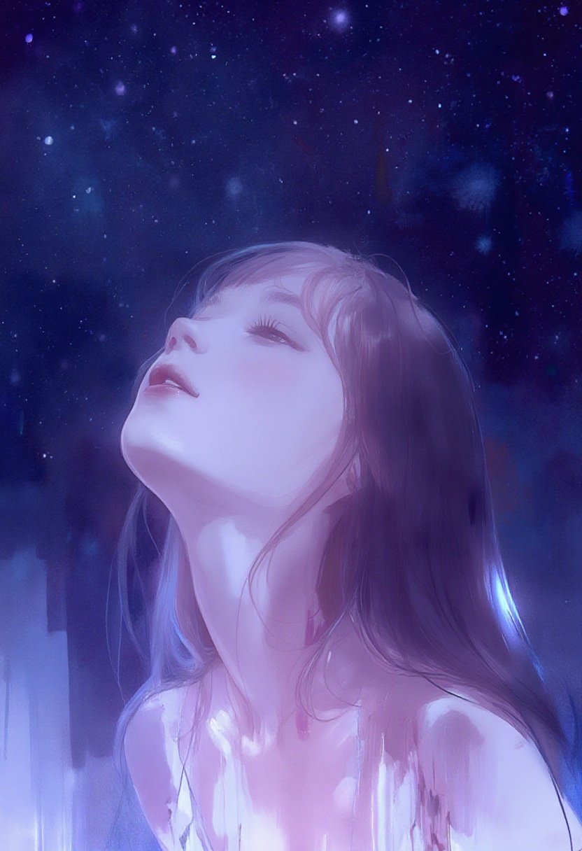 softwatercolor,  a woman viewed from a low angle,  her head tilted directly upward toward a vast sky on Tensor.Art