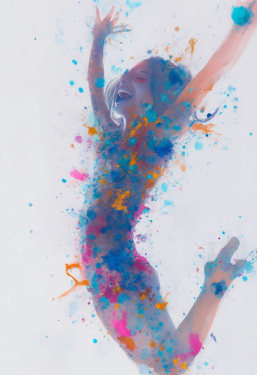 softwatercolor,  a dynamic full-body shot of a woman caught mid-leap,  arms thrown wide to the sky with a brilliant on Ten...