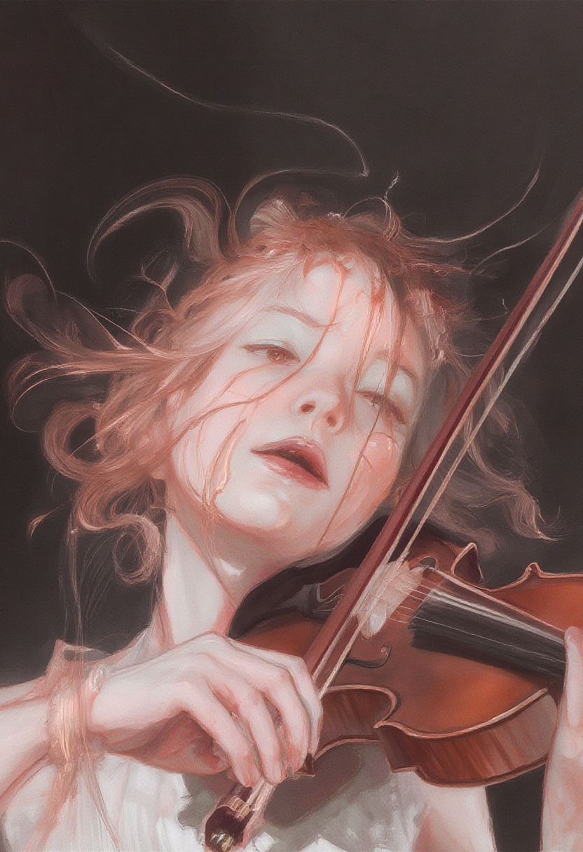 softwatercolor illustration of an expressive female violinist lost in her music. The movement of the bow is captured throu...