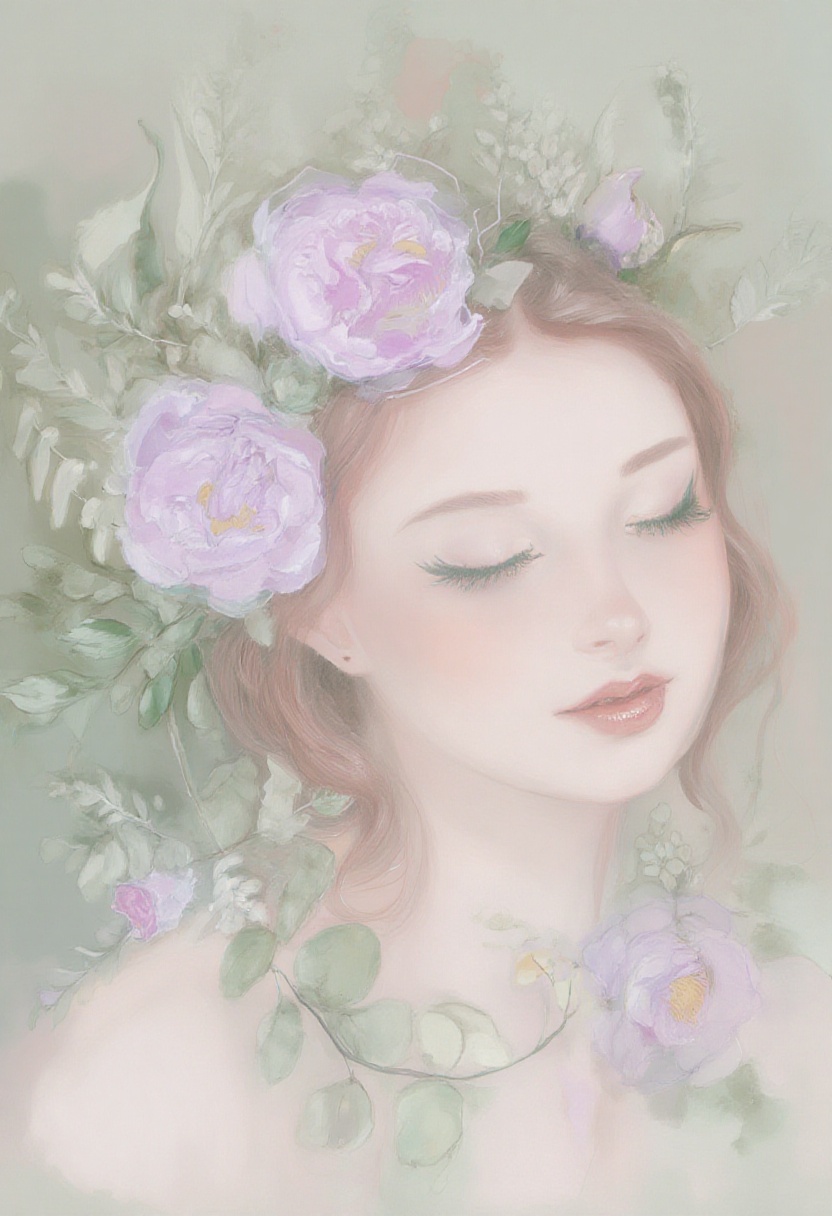 softwatercolor portrait of a woman with her eyes closed,  surrounded by a delicate wreath of wild peonies and eucalyptus l...