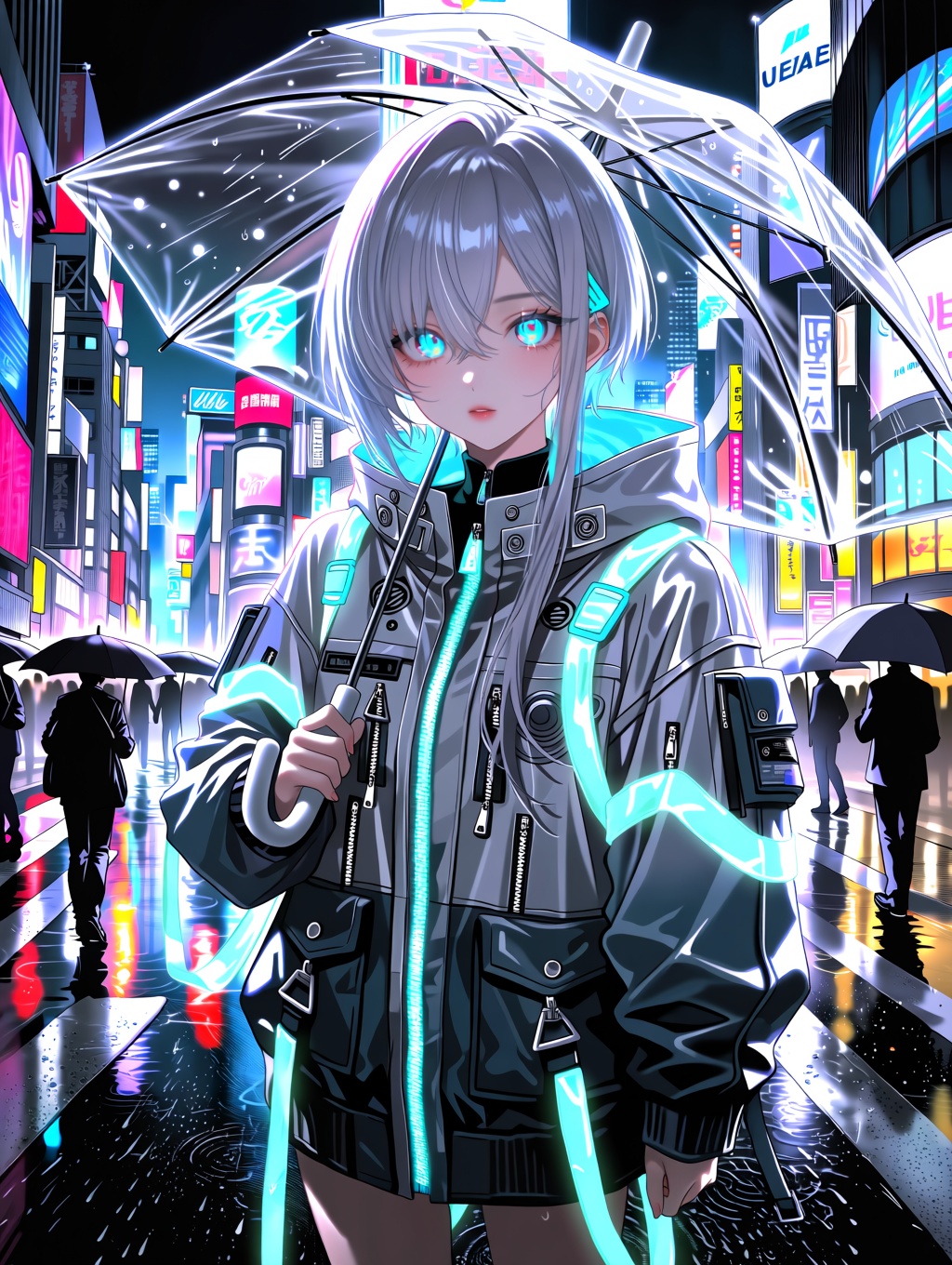 An anime screencap of a cool anime girl with asymmetric silver hair and intricate luminous cyan eyes,  wearing a techwear...