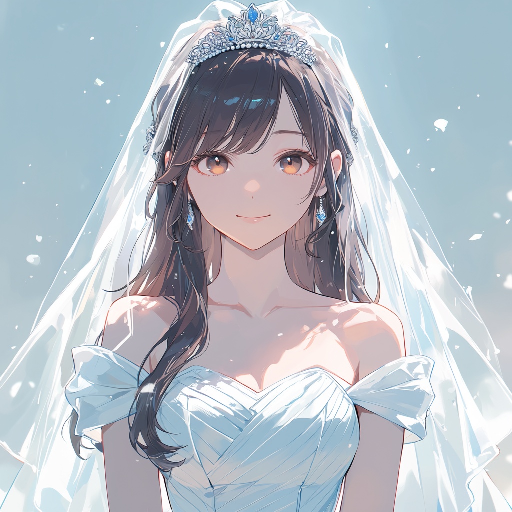 This anime-style illustration features a young woman captured in a soft,  ethereal light as she stands centered in a brida...