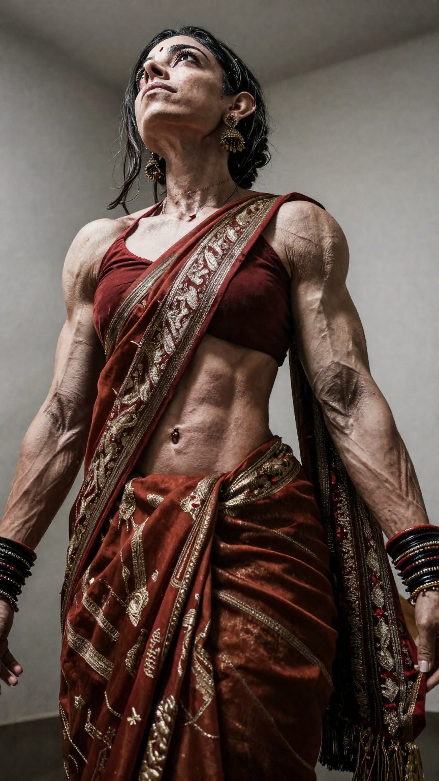 A muscular woman in saree Low angle shot,  extreme muscular fit body on Tensor.Art