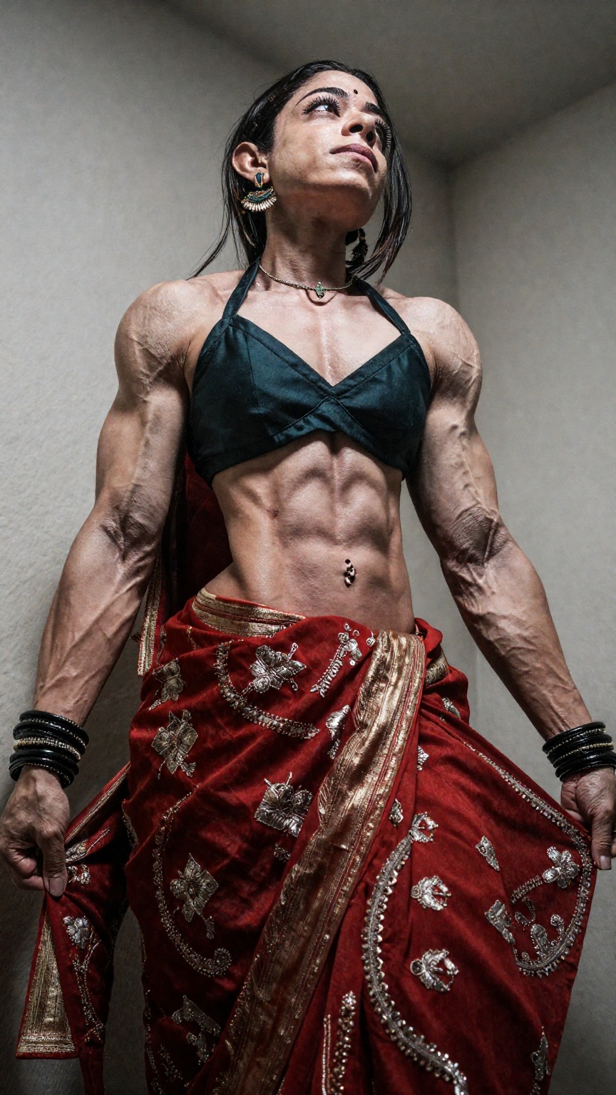 A muscular woman in saree Low angle shot,  extreme muscular fit body on Tensor.Art