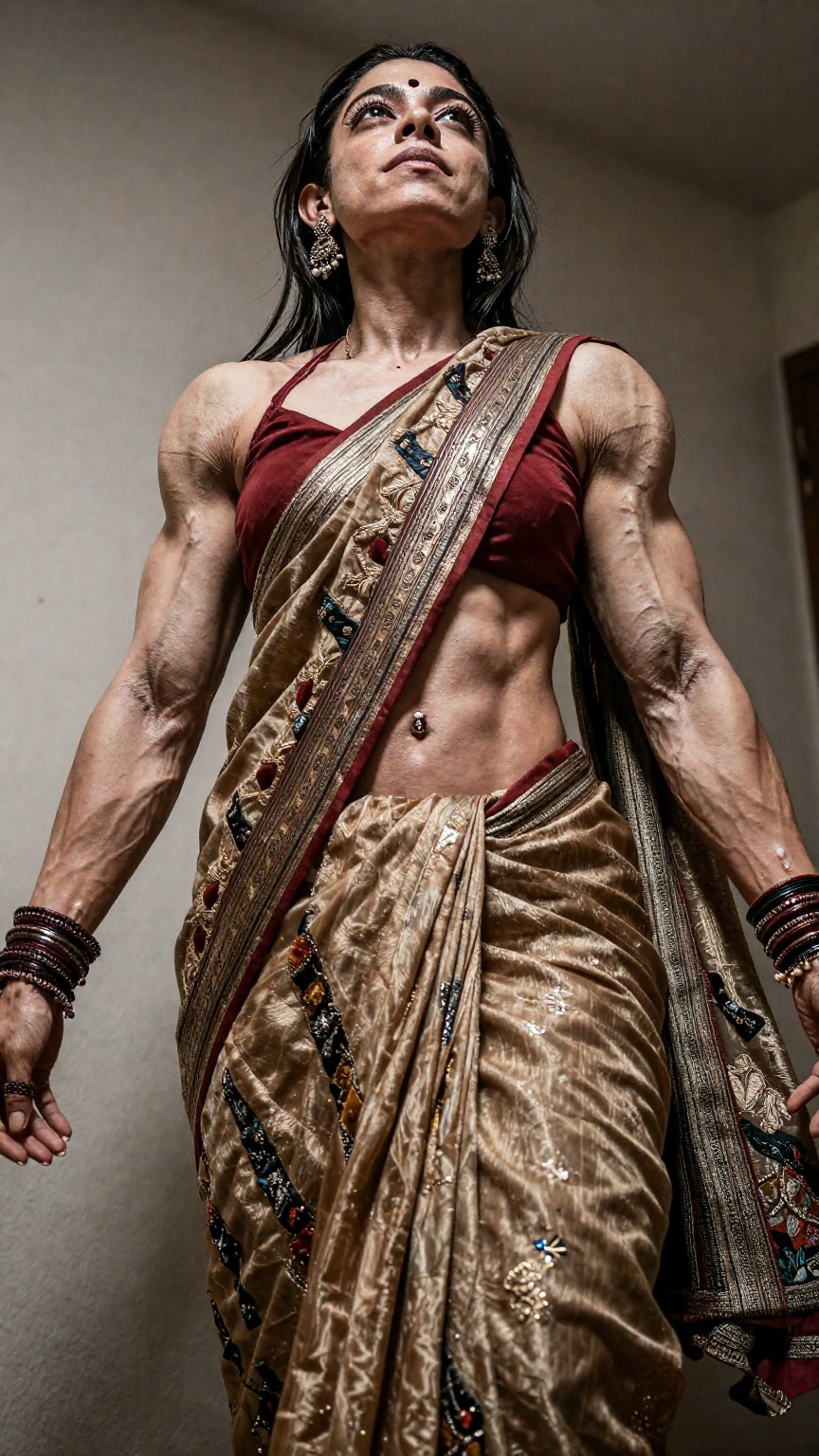 A muscular woman in saree Low angle shot,  extreme muscular fit body,  Muscular on Tensor.Art