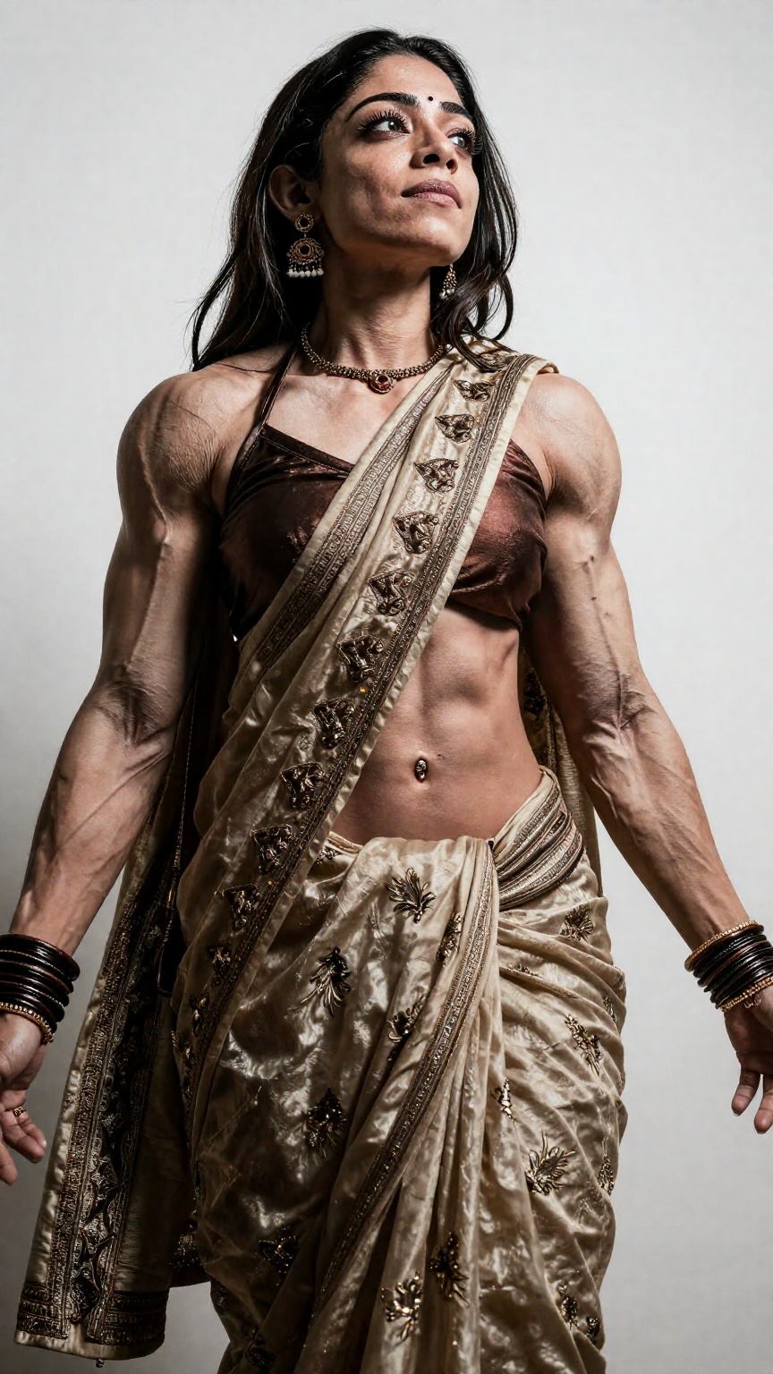 A muscular woman in saree Low angle shot,  extreme muscular fit body,  Muscular on Tensor.Art