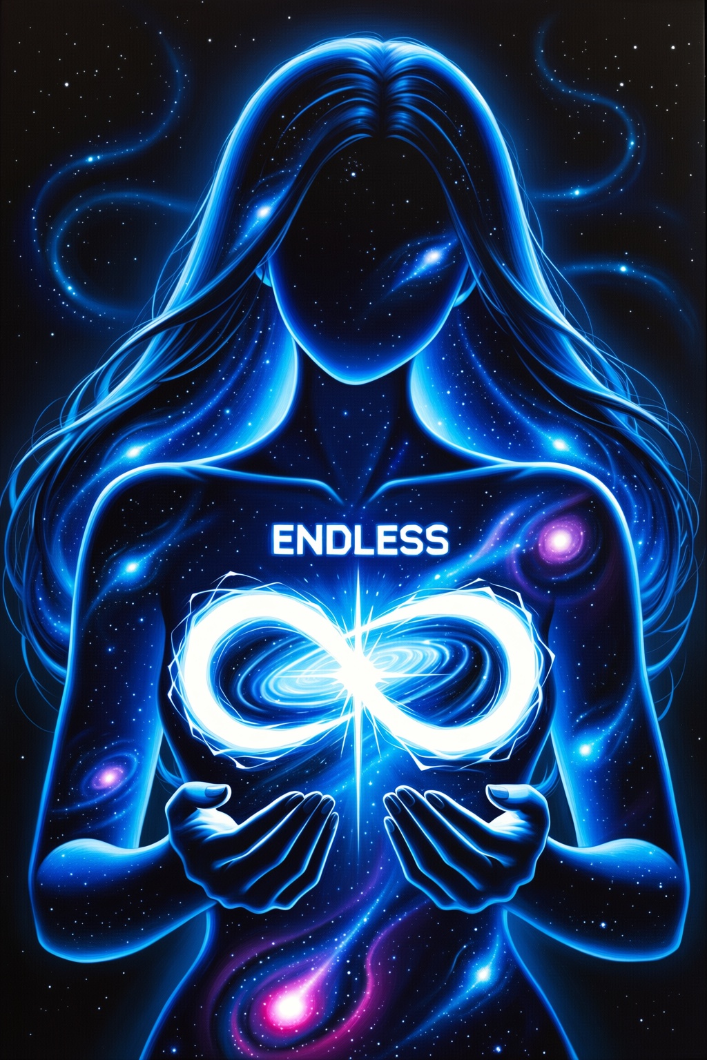 masterpiece,  very aesthetic,  A white glowing text on the woman chest saying "ENDLESS" on Tensor.Art