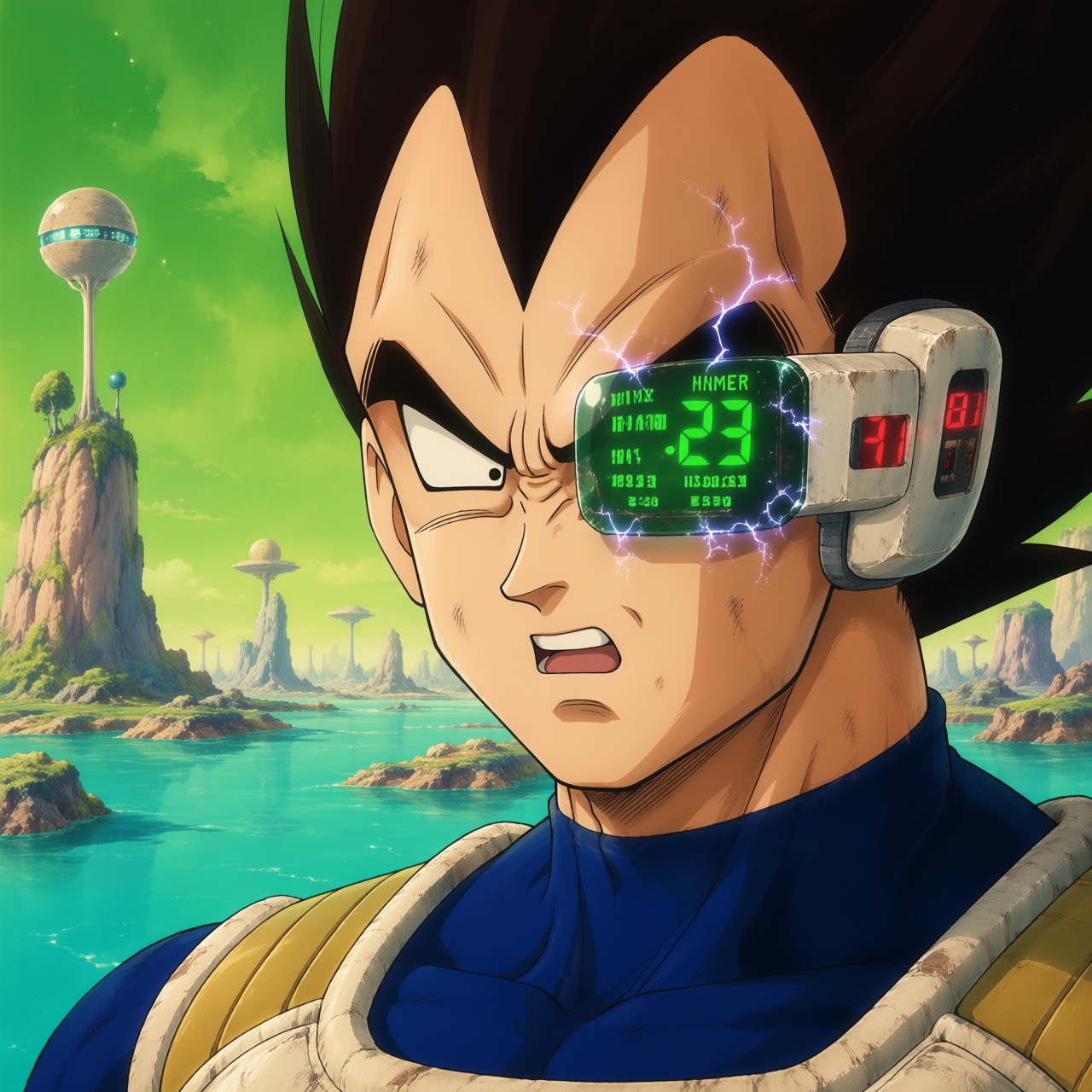 A 2D Studio Ghibli style anime wallpaper. A dramatic close-up of Vegeta from Dragon Ball,  wearing his iconic red scouter...