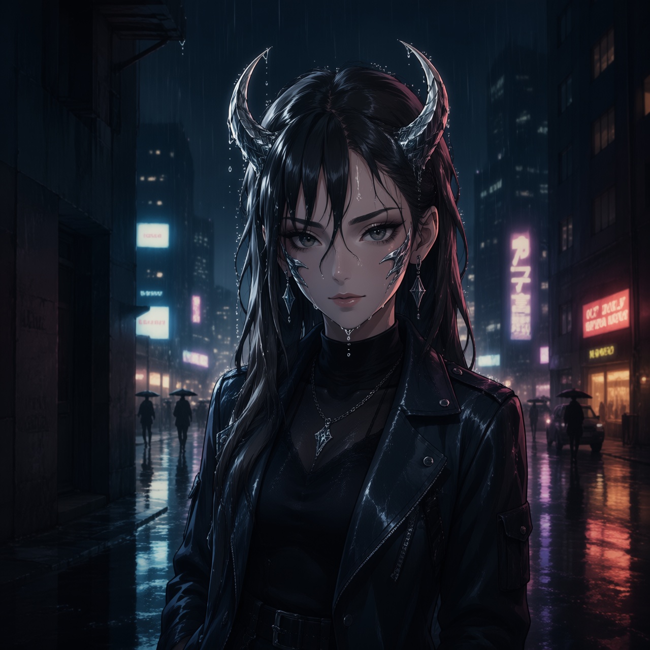 A moody 2D MANGA illustration for an iPhone wallpaper,  Anima style. A close-up of a stunning,  mysterious ONI GIRL with s...
