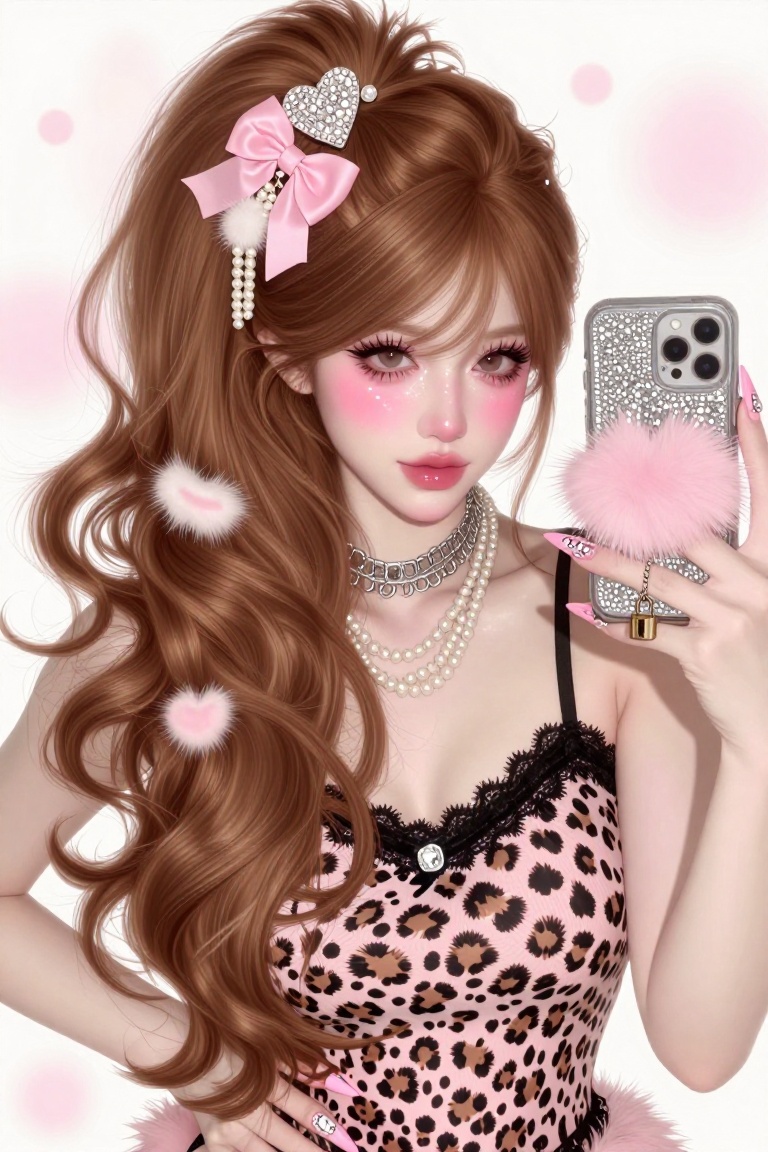 a dreamy soft selfie portrait of a young Asian woman with agejo gyaru hair — very long chestnut brown hair teased enormous...