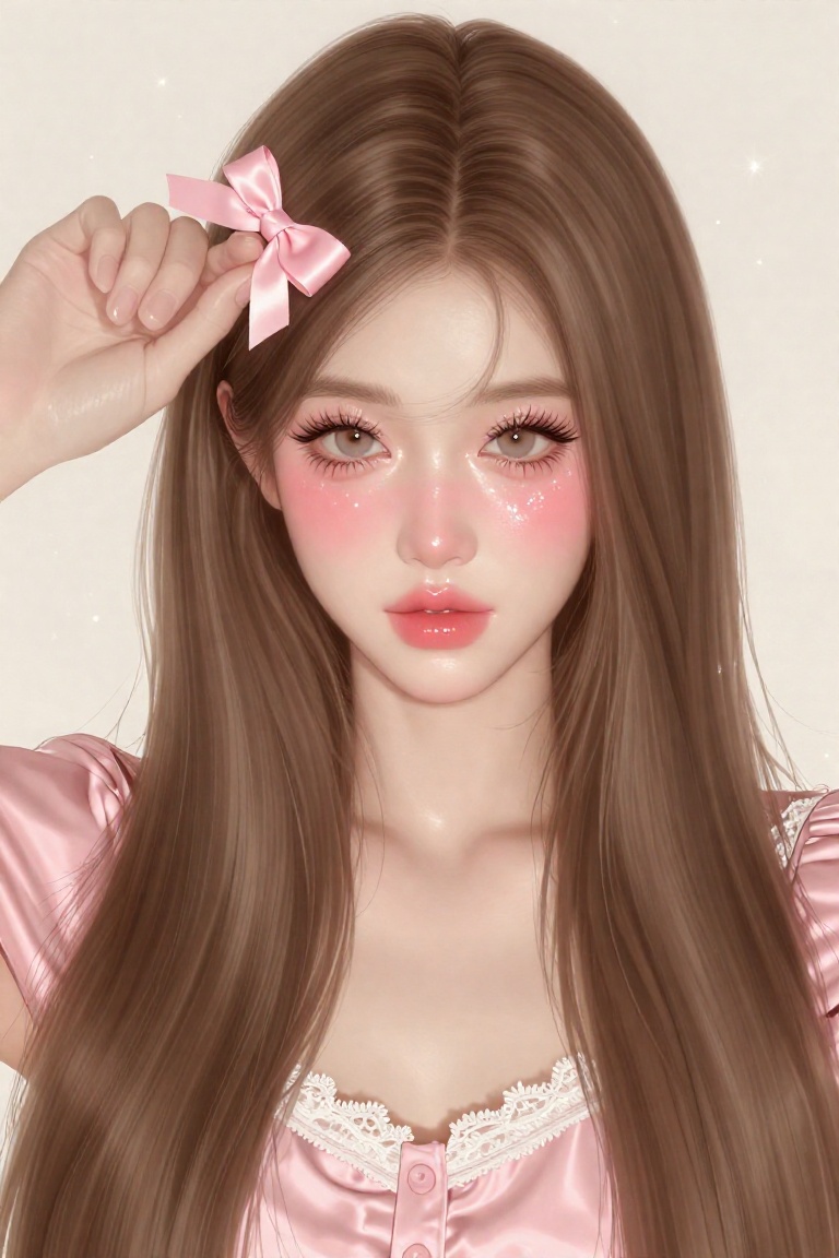 soft brushwork,  a soft close-up portrait of a beautiful young woman with long silky straight light brown hair parted in t...