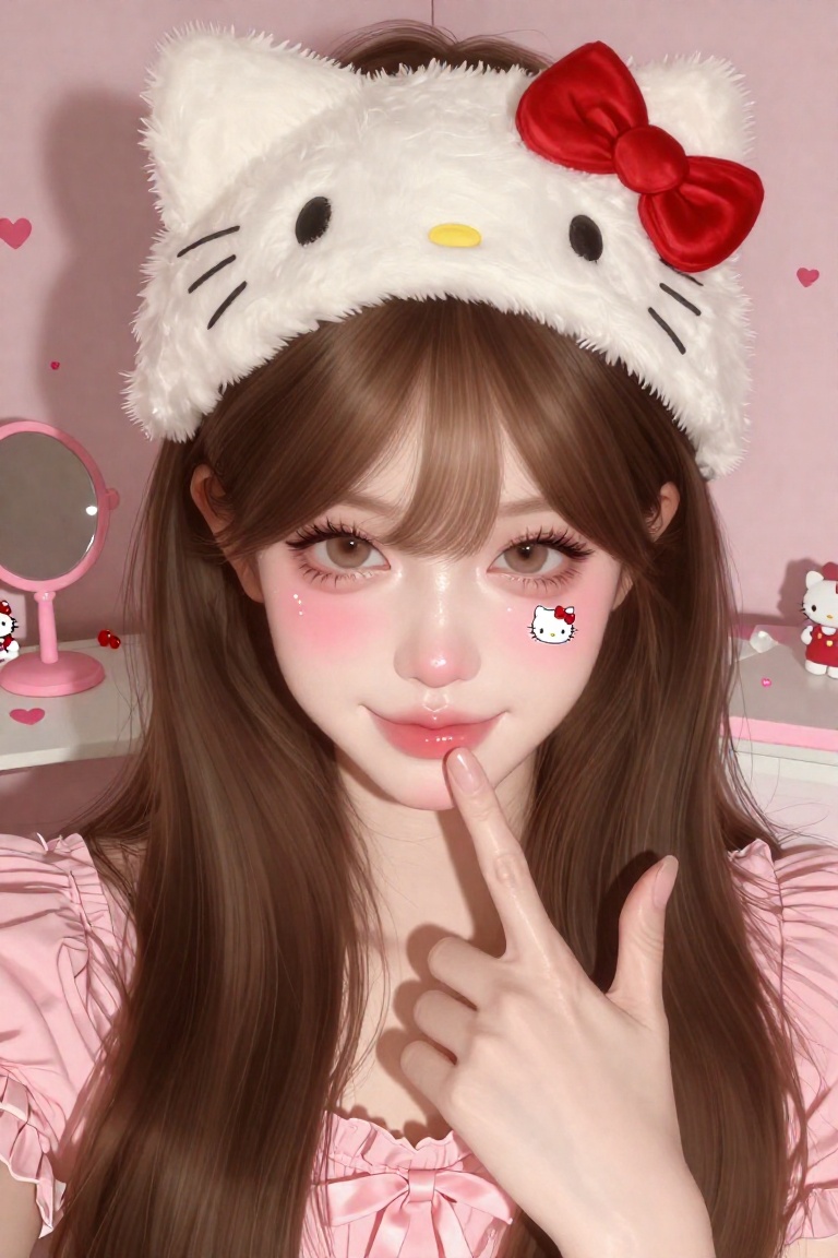 soft brushwork,  semi-realistic manhwa,  glass skin a sweet close-up portrait of a cute young woman wearing a Hello Kitty...