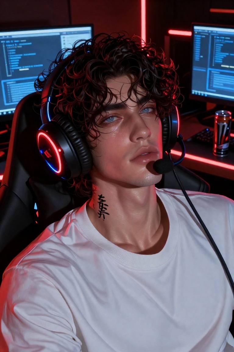 semi-realistic manhwa,  a dramatic low-angle close-up portrait of a handsome young man reclined in a gaming chair at night...