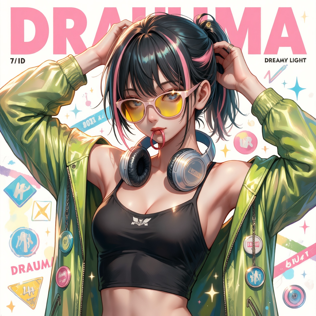 A Japanese shojo manga magazine cover illustration,  composition pastel background with sparkles,  sweet theme throughout....
