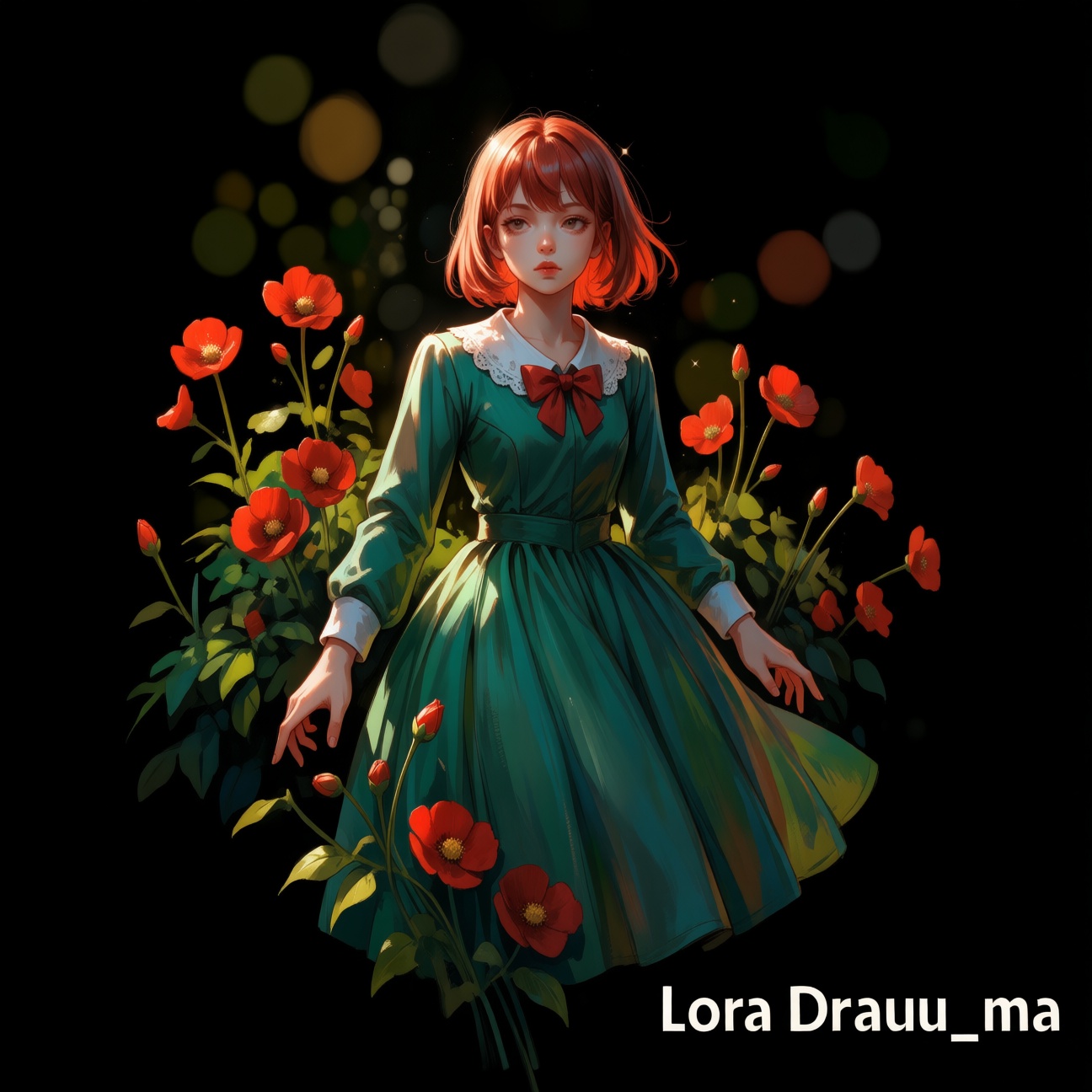Create an illustration with exquisite lighting and composition. The image depicts a stylized illustration of a young girl...