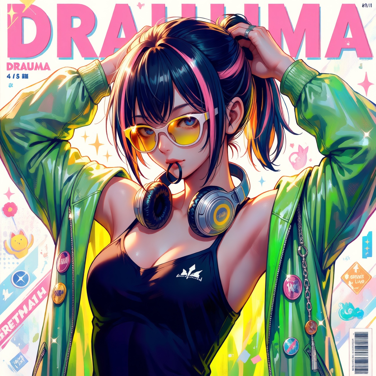 A Japanese shojo manga magazine cover illustration,  composition pastel background with sparkles,  sweet theme throughout....