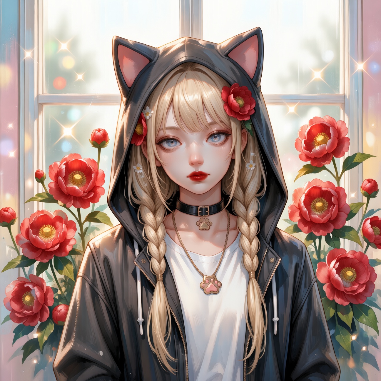 A Japanese shojo manga magazine cover illustration,  composition pastel background with sparkles,  sweet theme throughout....