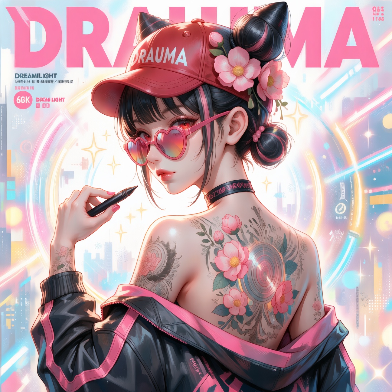 A Japanese shojo manga magazine cover illustration,  composition pastel background with sparkles,  sweet theme throughout....