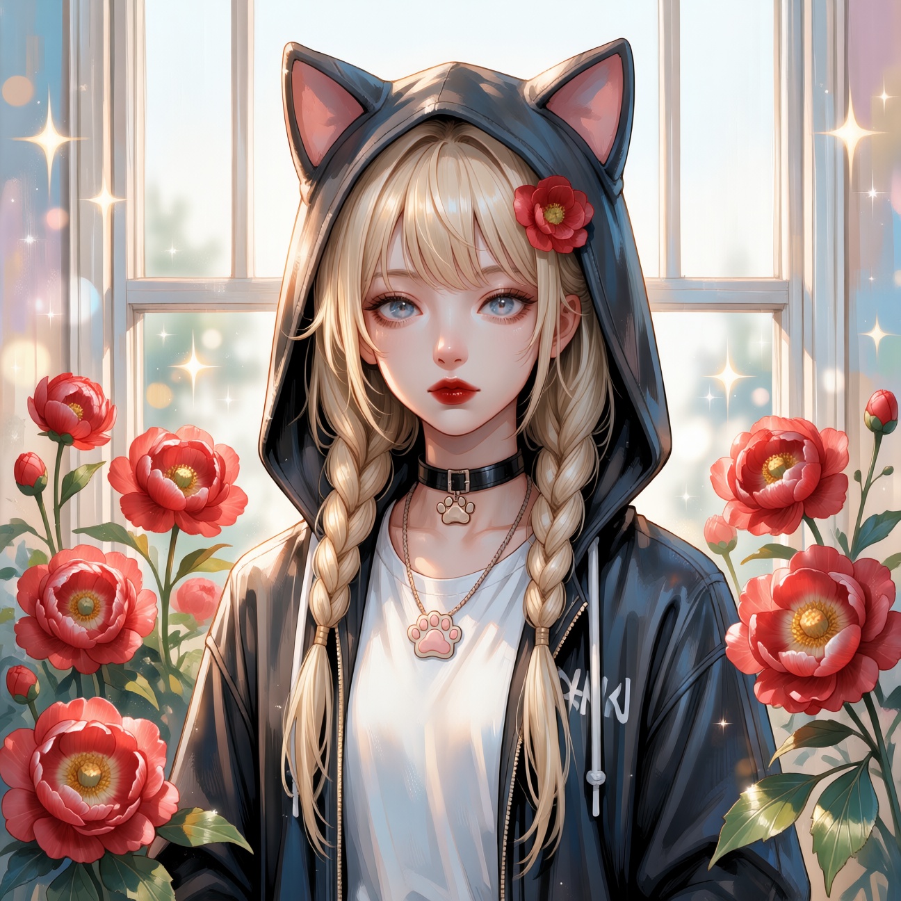 A Japanese shojo manga magazine cover illustration,  composition pastel background with sparkles,  sweet theme throughout....