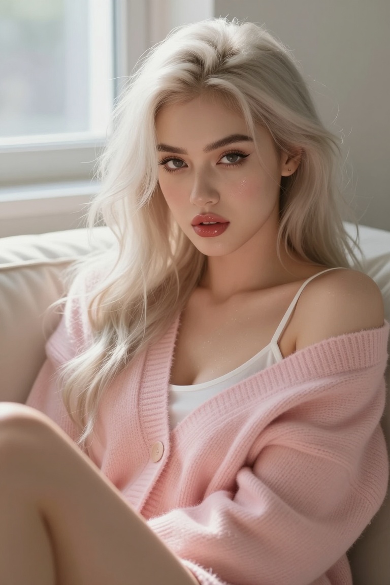 A close-up cinematic shot of an attractive 22-year-old woman lounging in a sunlit room,  gazing intently at the viewer wit...
