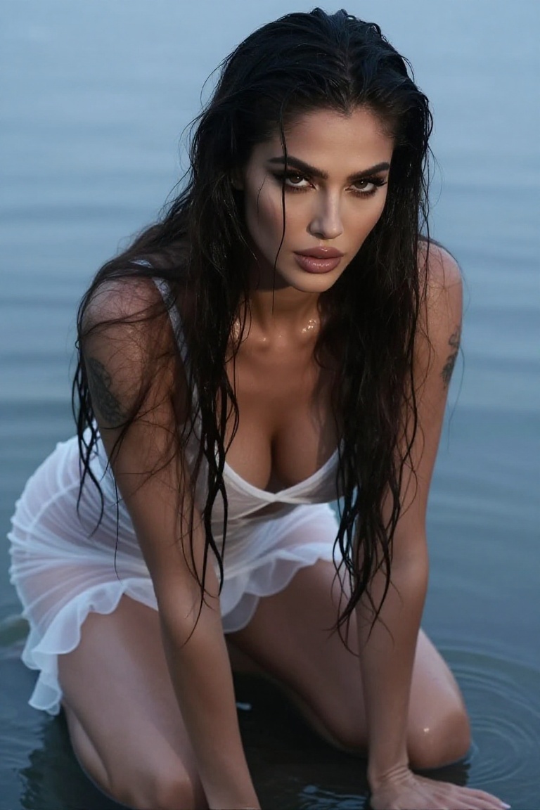 A woman with long,  dark,  wet hair kneels on a calm body of water on Tensor.Art