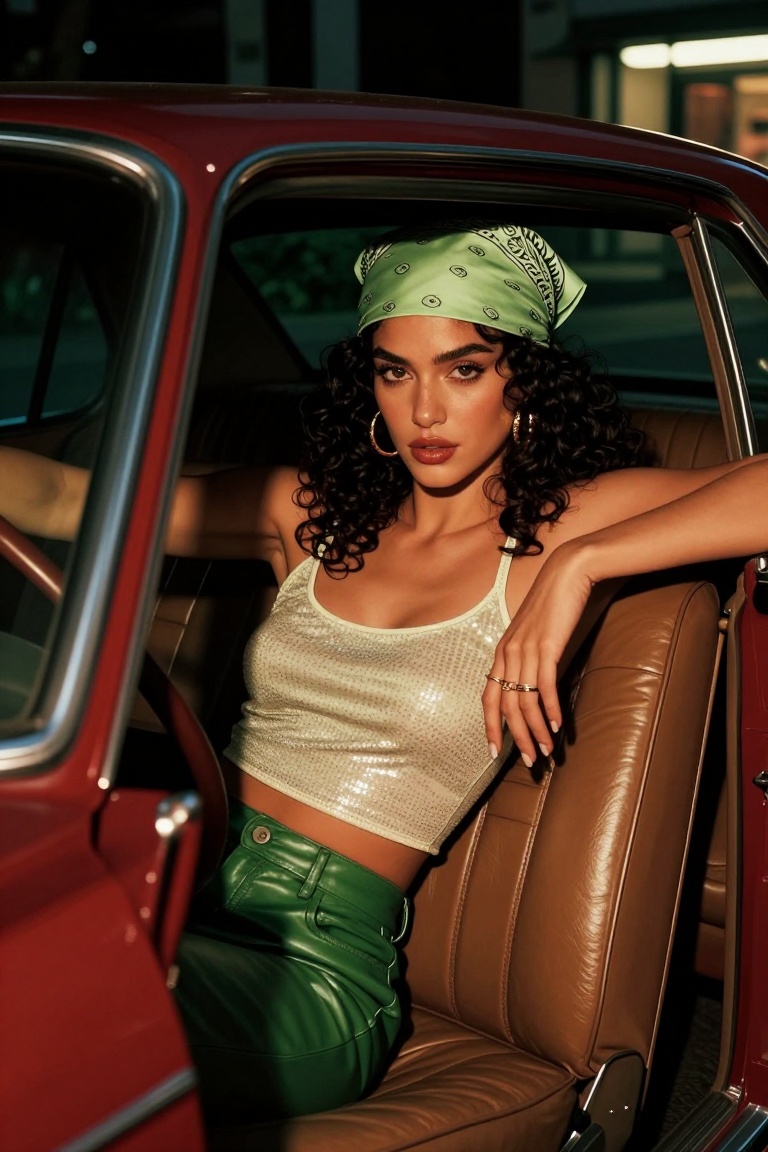 SUBJECT: A young woman with dark,  curly hair wearing a light green patterned bandana,  gold earrings on Tensor.Art