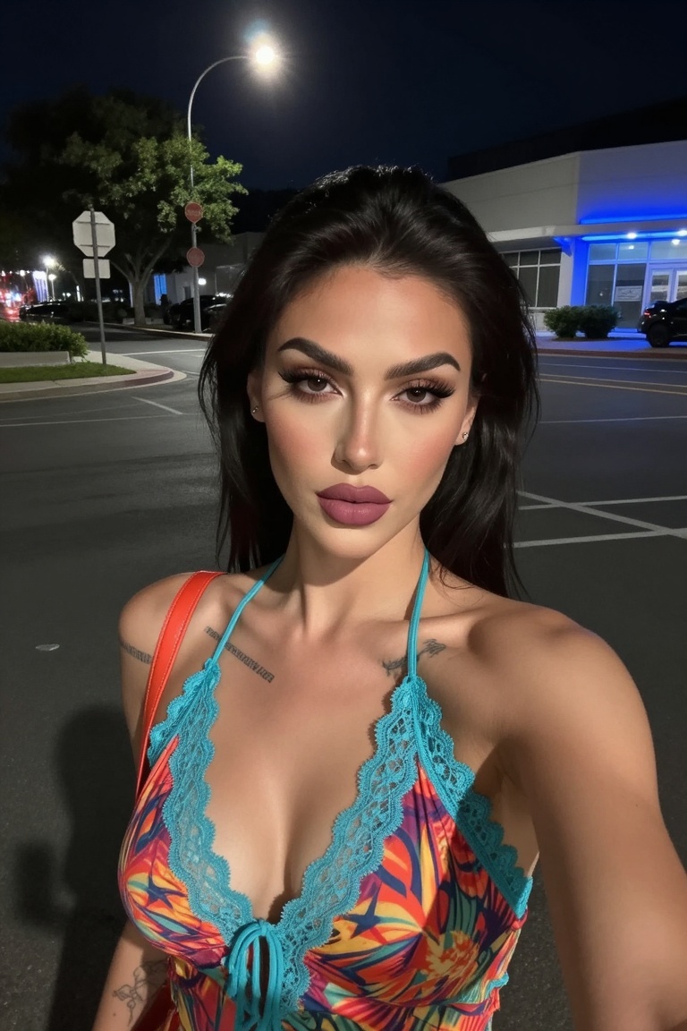 A confident woman with dark,  side parted hair and bold makeup—defined brows,  long lashes on Tensor.Art