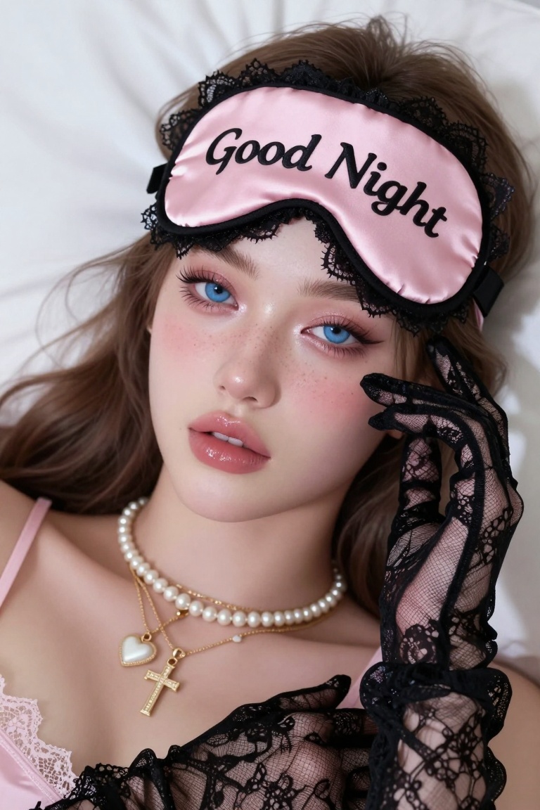 SUBJECT: A young woman with striking blue eyes and full,  glossy lips,  wearing a pink satin "Good Night" sleep mask with...