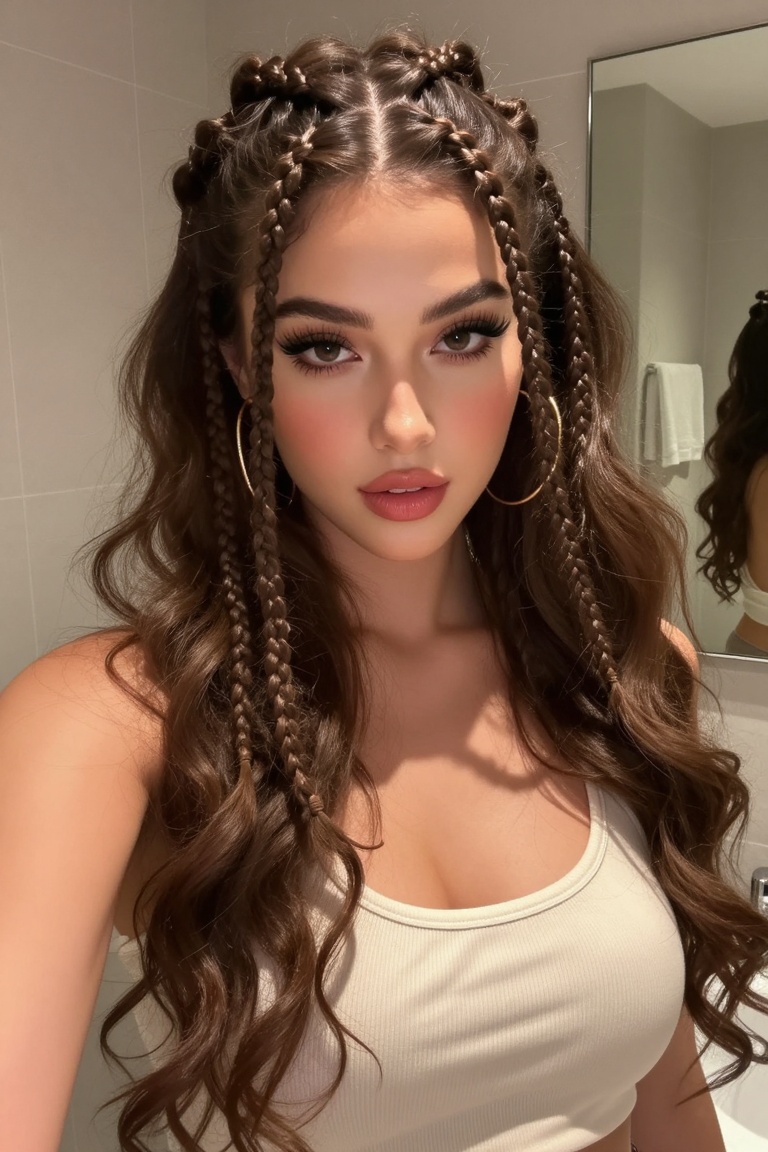 A close-up portrait of a young woman with a confident,  direct gaze,  captured in a selfie-style composition. She has fair...