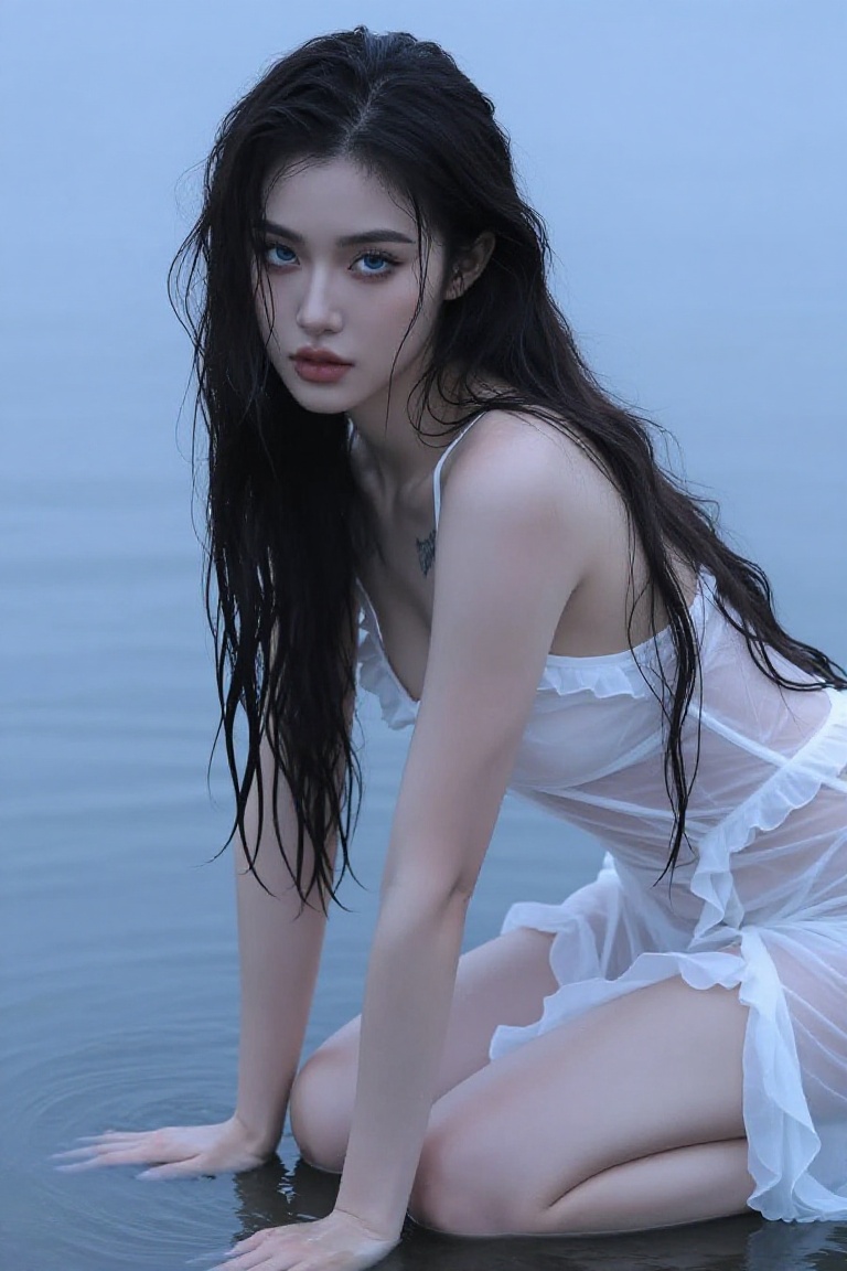 A woman with long,  dark,  wet hair kneels on a calm body of water on Tensor.Art