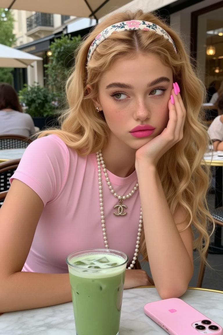 A close-up shot of a pampered 21-year-old woman at an outdoor café in a wealthy neighborhood. She has long,  wavy honey-bl...