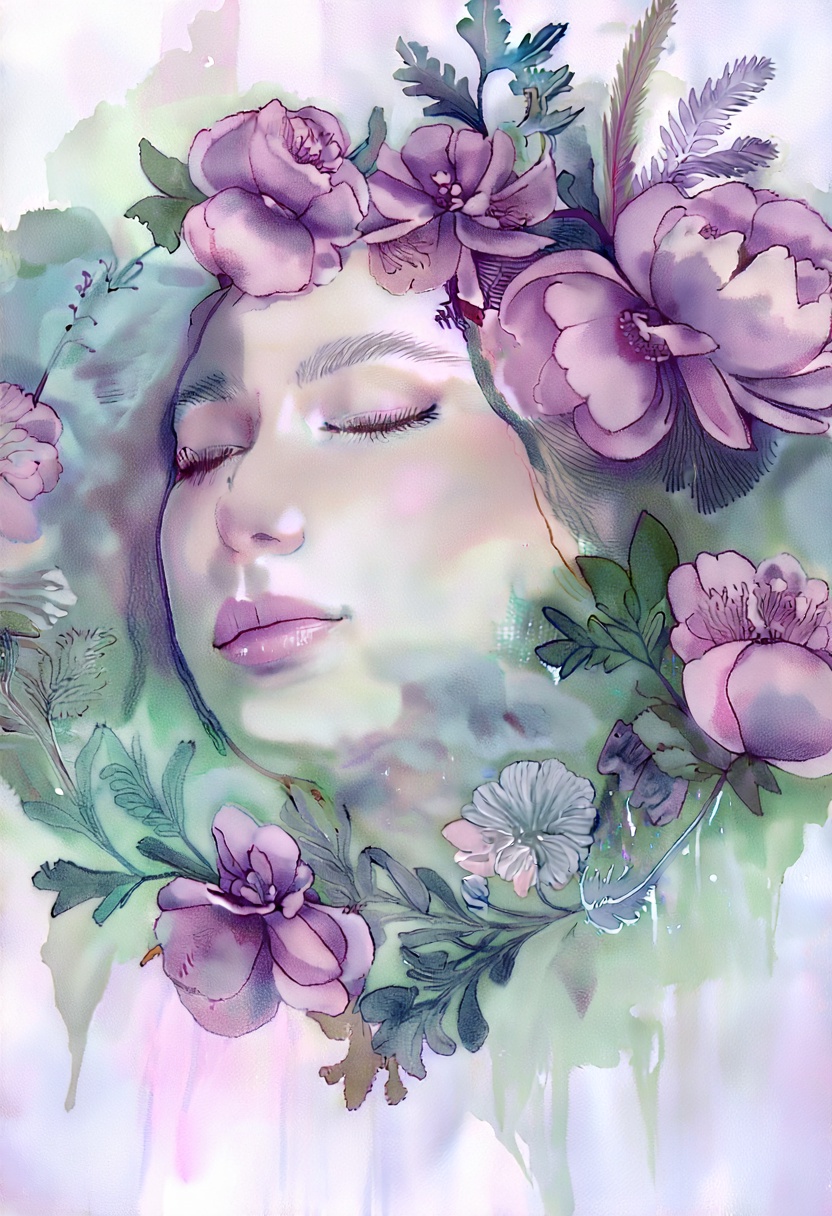 softwatercolor portrait of a woman with her eyes closed,  surrounded by a delicate wreath of wild peonies and eucalyptus l...