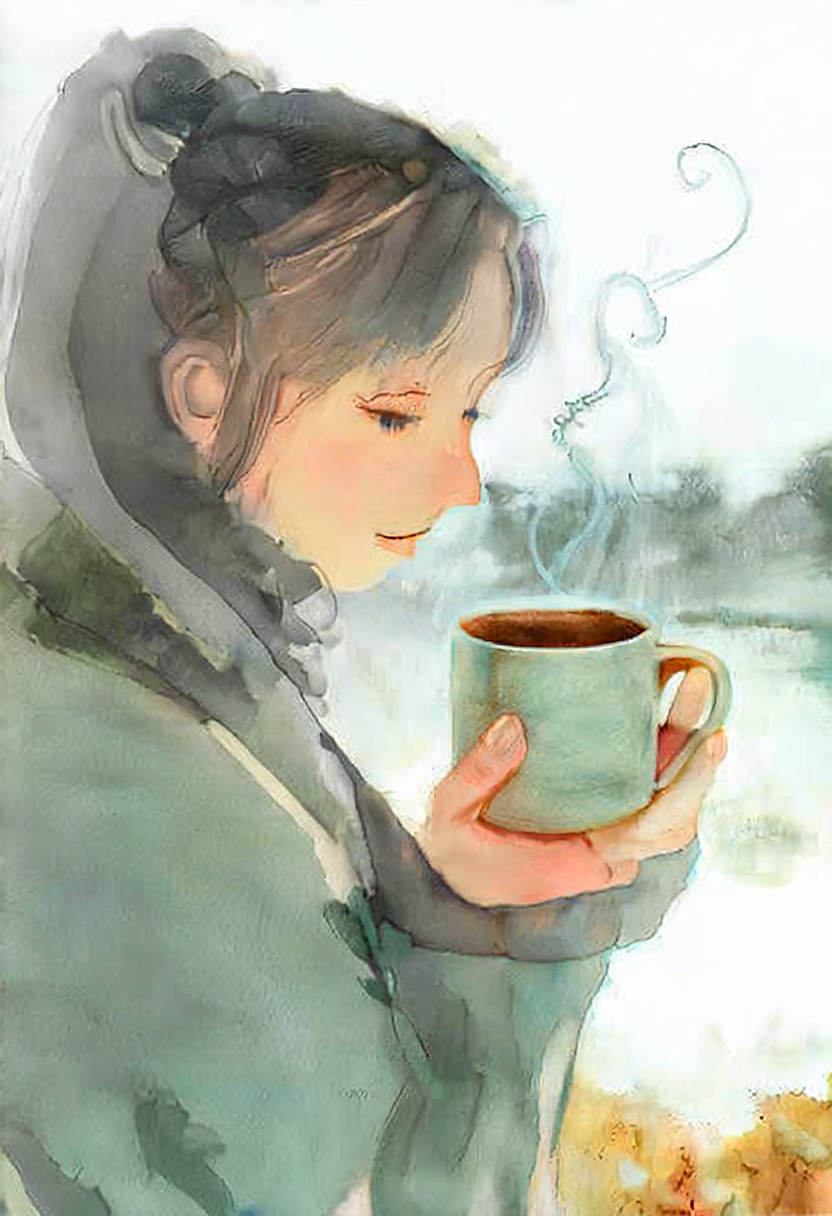 softwatercolor scene of a woman holding a warm ceramic mug in both hands,  looking thoughtfully out at a misty morning. So...