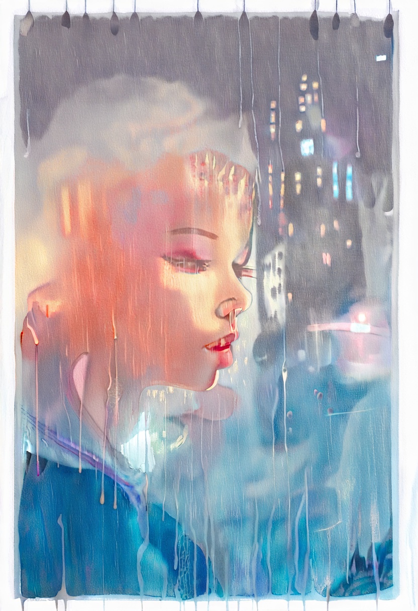 softwatercolor painting of a woman looking through a rain-streaked windowpane. The focus is atmospheric,  with blurred ref...