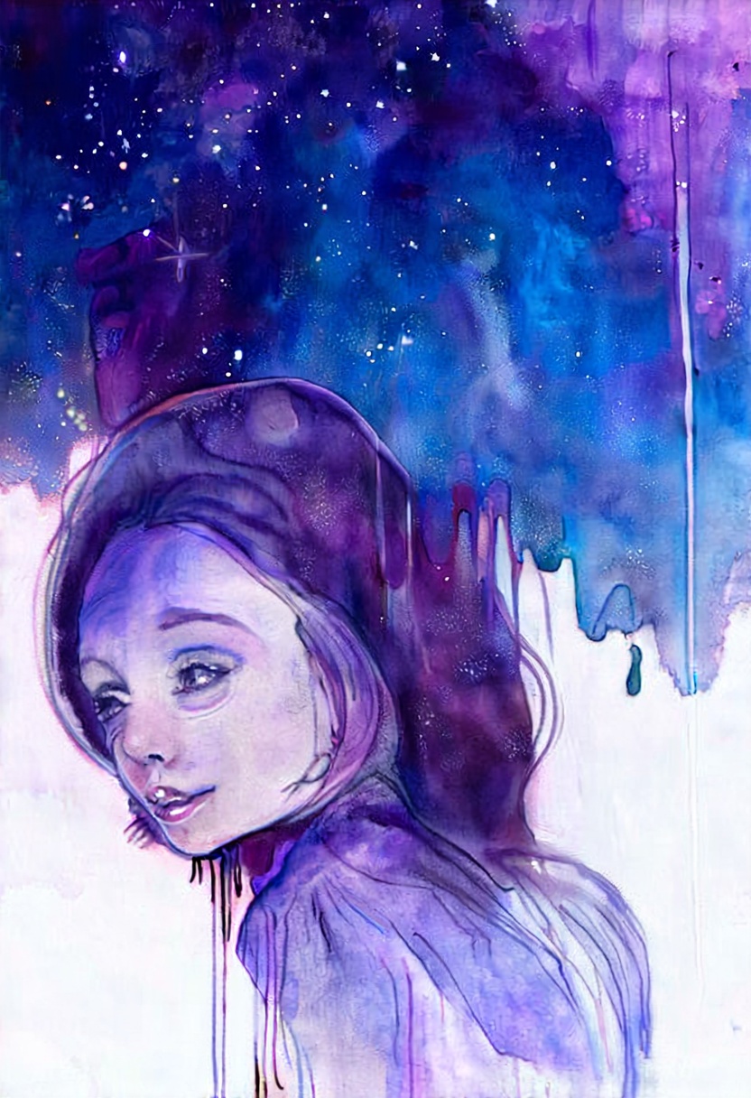 softwatercolor,  a woman viewed from a low angle,  her head tilted directly upward toward a vast sky on Tensor.Art