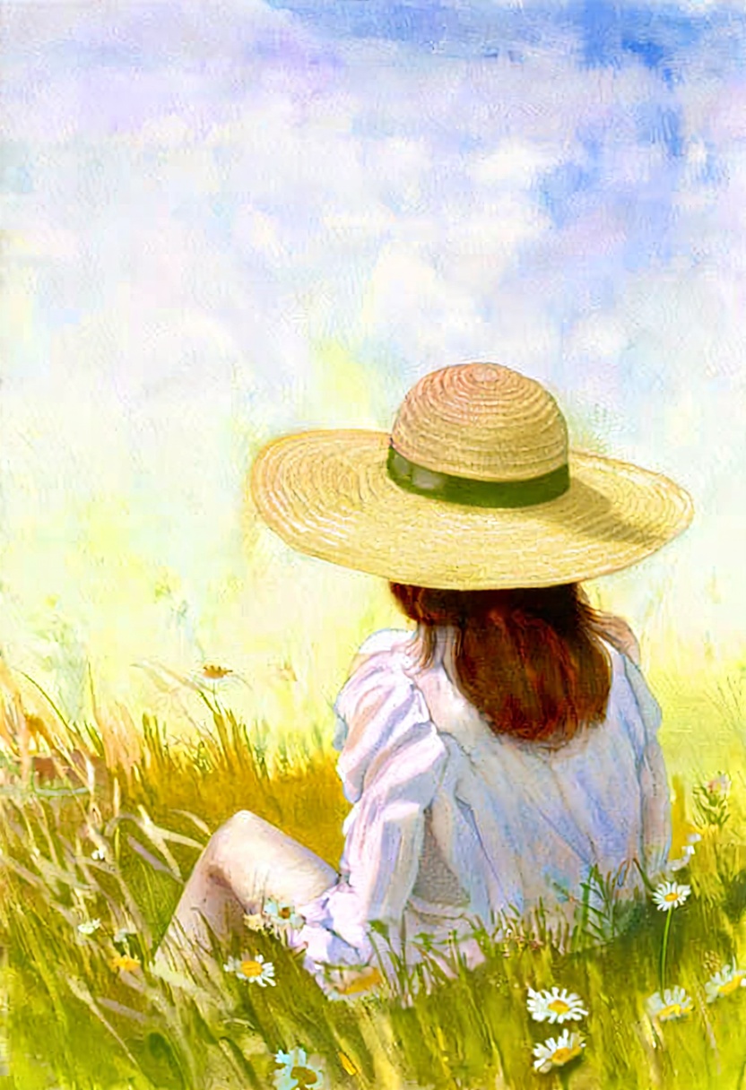 softwatercolor depiction of a woman sitting in a field of tall grass and daisies,  viewed from behind. She wears a wide-br...
