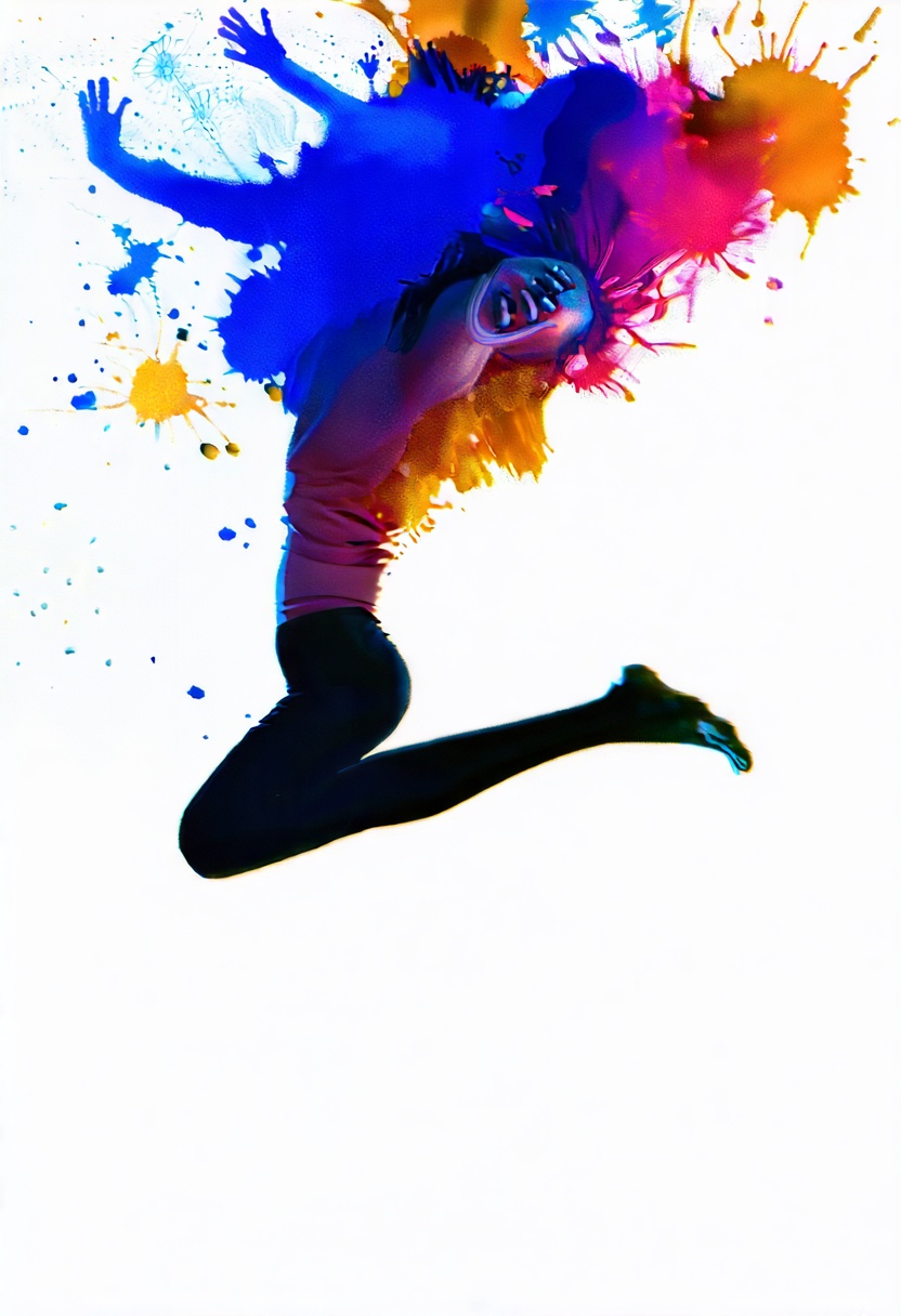 softwatercolor,  a dynamic full-body shot of a woman caught mid-leap,  arms thrown wide to the sky with a brilliant on Ten...