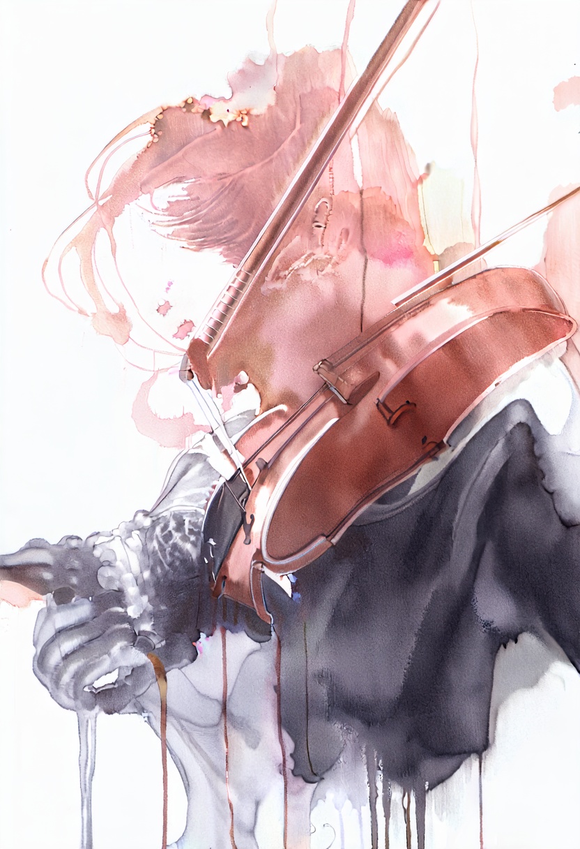 softwatercolor illustration of an expressive female violinist lost in her music. The movement of the bow is captured throu...