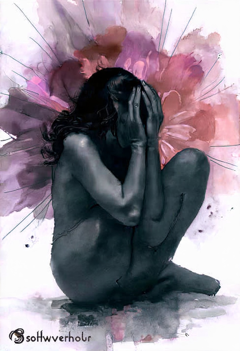 softwatercolor,  a raw,  emotional depiction of a woman seated with her elbows resting on her knees on Tensor.Art