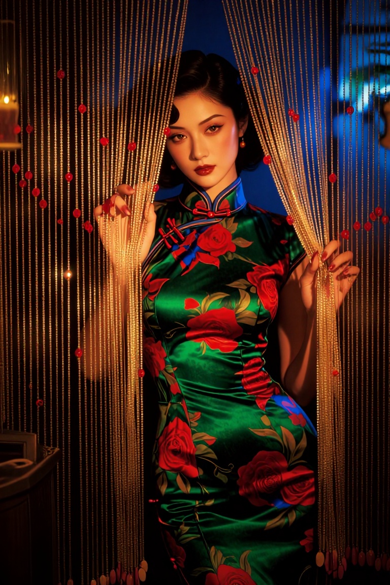 A woman in a vintage floral cheongsam dress stands behind a beaded curtain,  her gaze directed slightly away from the came...