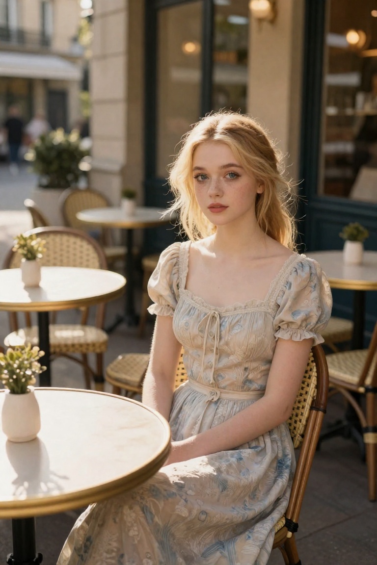 Elegantism,  opulent scene,  a beautiful girl sitting in a sunny European Cafe with tables outside golden summer light on...